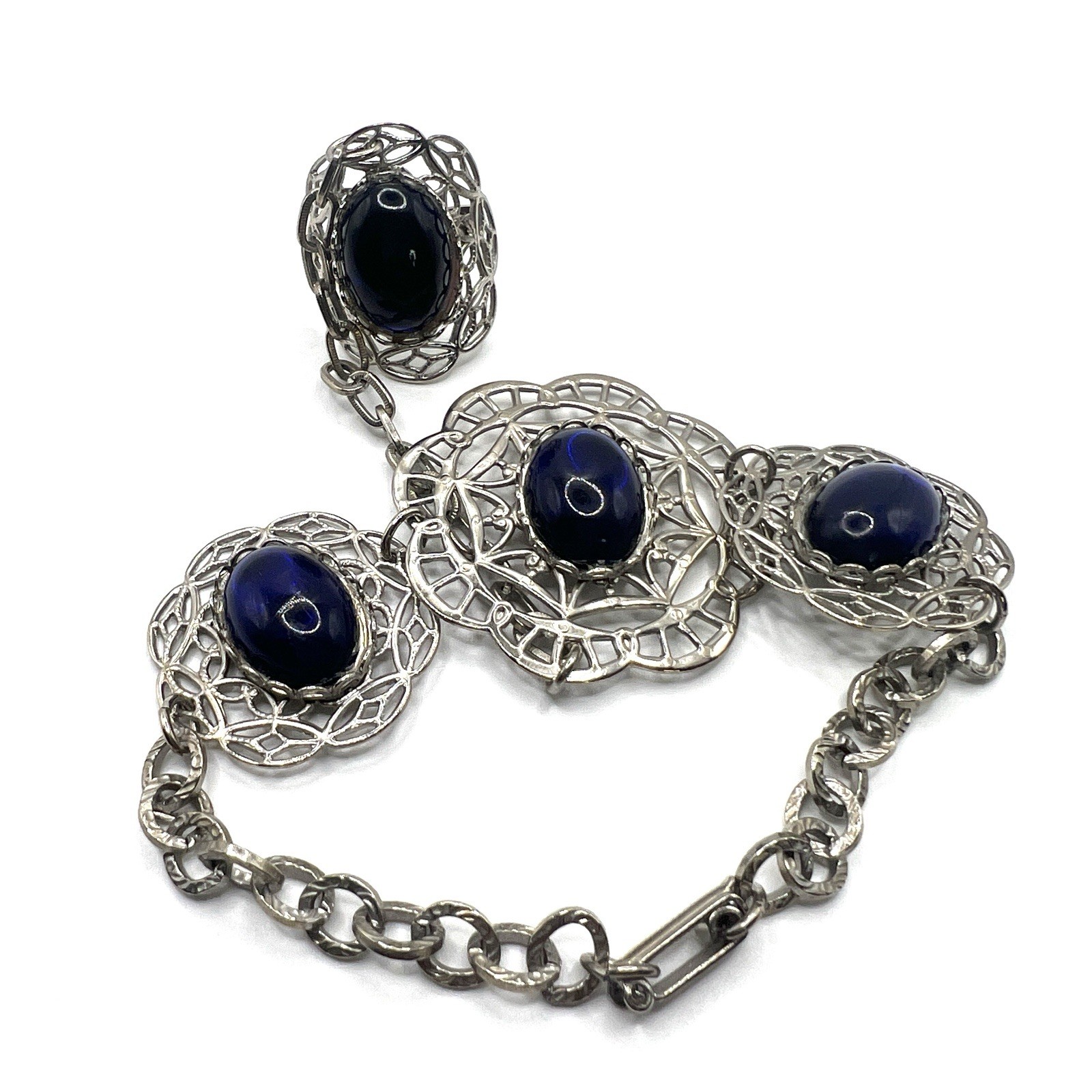 Adjustable Silver-Tone Filigree Blue Slave Ring Bracelet Gothic Boho