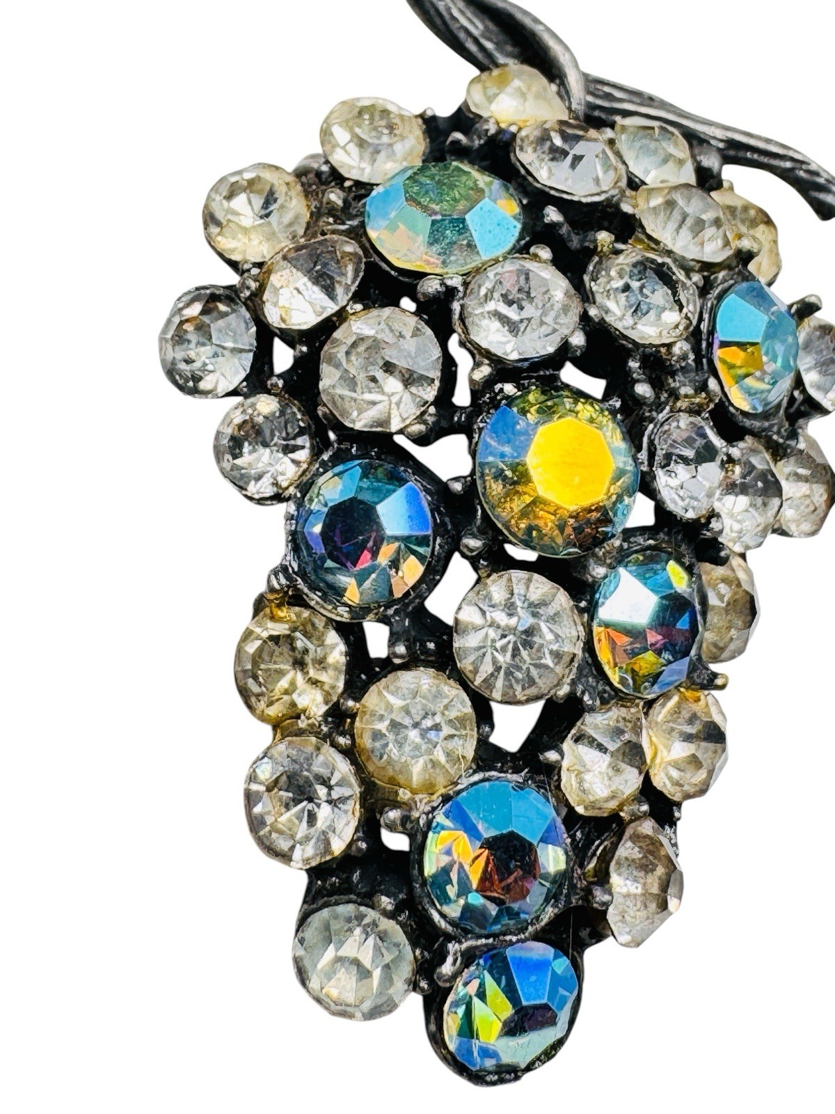 Vintage AB Rhinestone Grape Cluster Brooch Pin Silver Tone