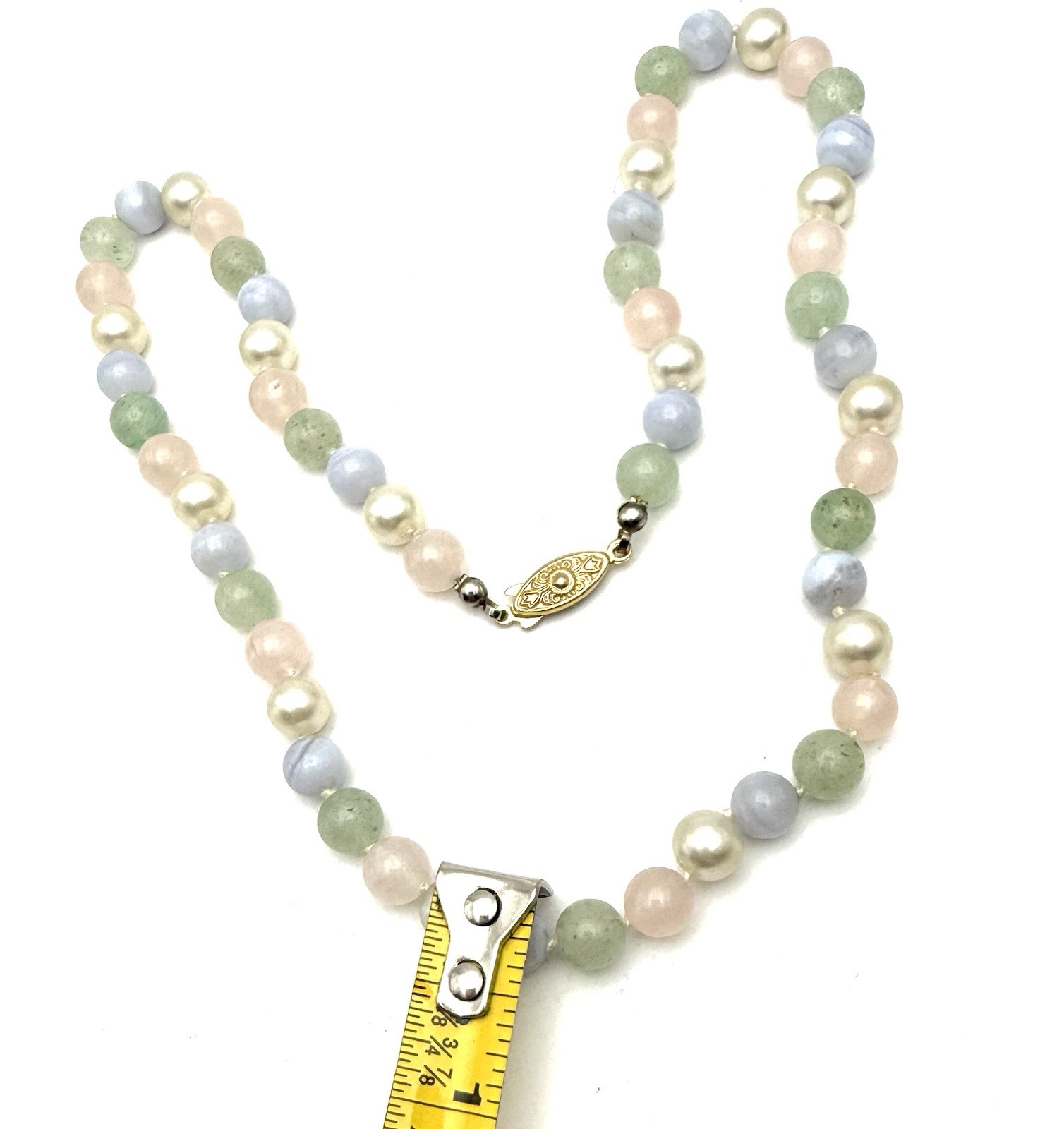 Vintage Pastel Beryl Gemstone Necklace Faux Pearl Accents 20” Fish Hook Clasp