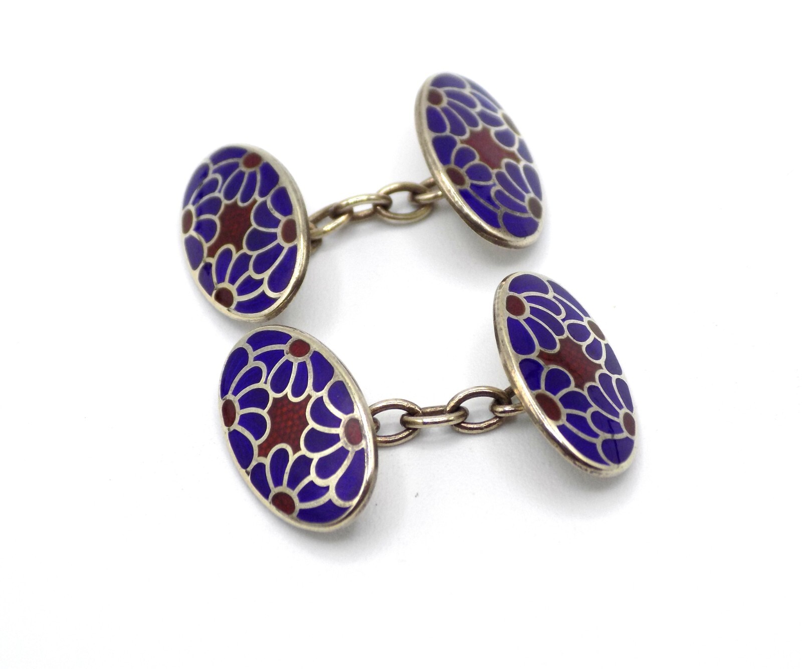 VINTAGE STERLING SILVER ENAMEL GUILLOCHE ENGLAND H & V HEWETT & VOLLER CUFFLINKS