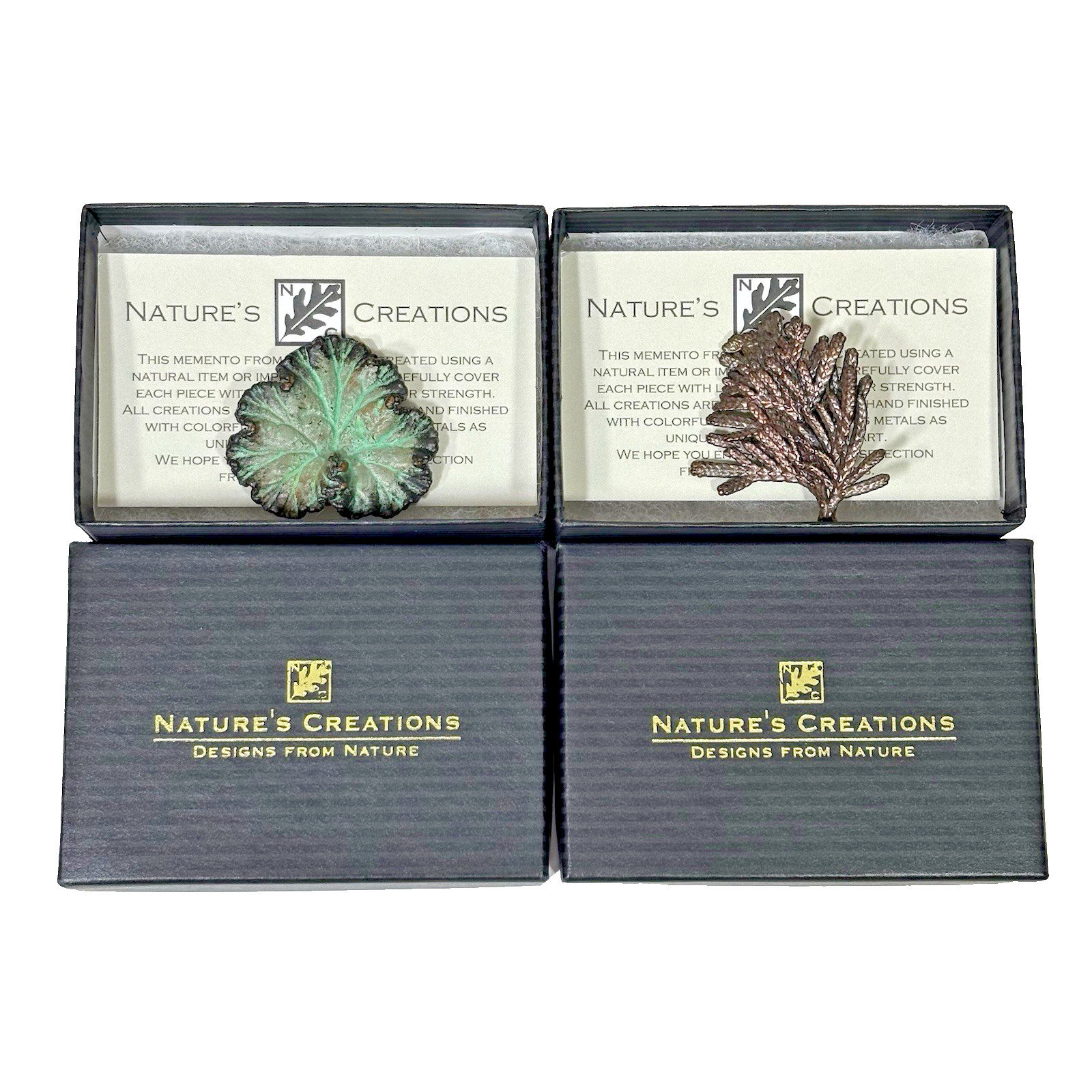 Nature’s Creations Lot of 2 Brooch Pin Copper Arborvitae Thujas & Geranium Leaf