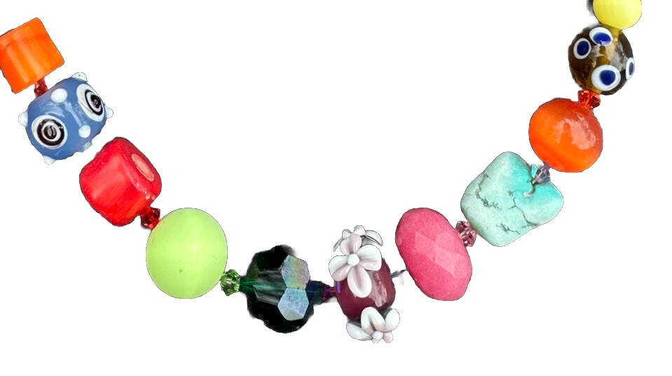 Colorful Lampwork Art Glass Beaded Necklace 17” Beads Different Shapes Vintage