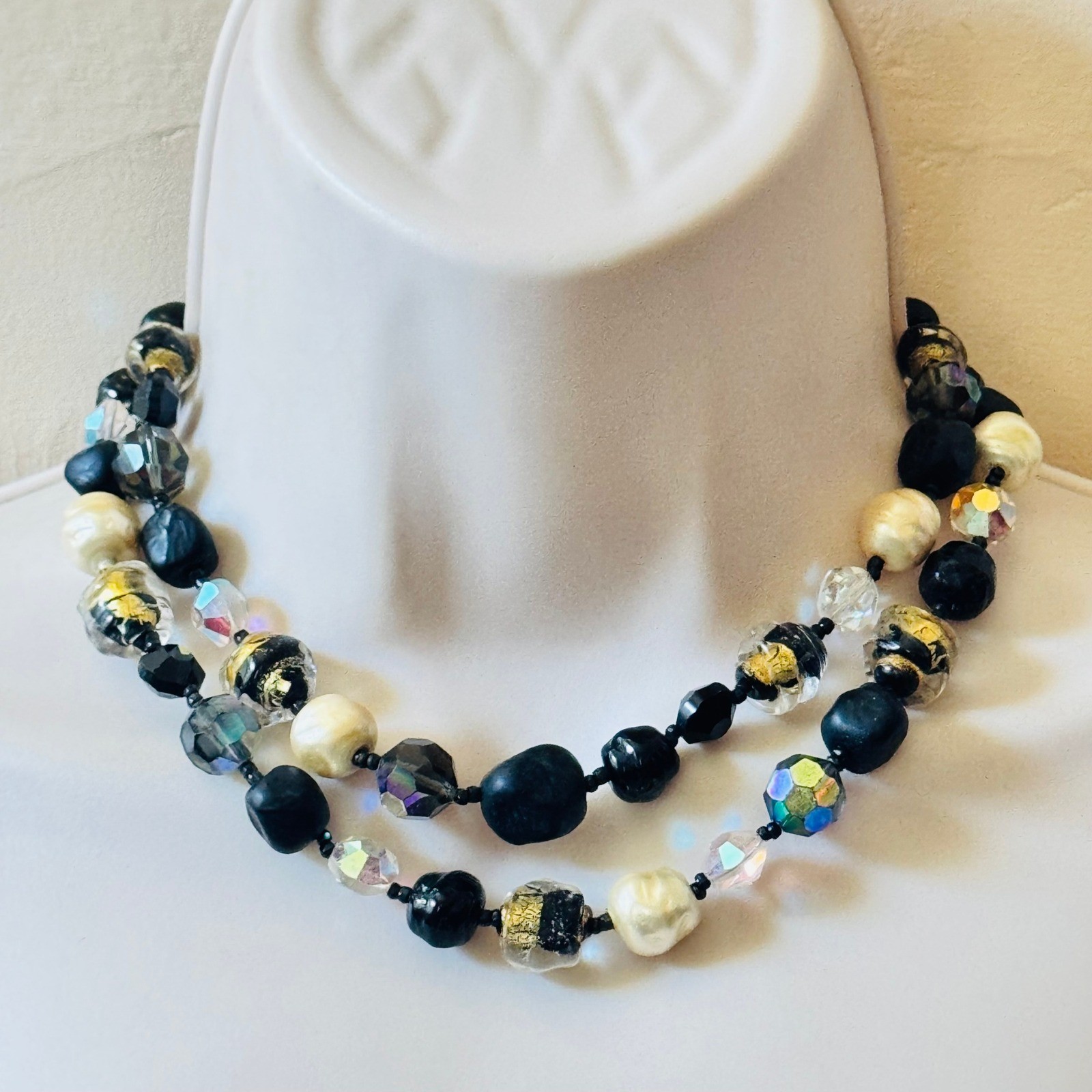 Vtg Crystal Glass Necklace Multi Venetian Gold Foil Choker 40s French Elegance