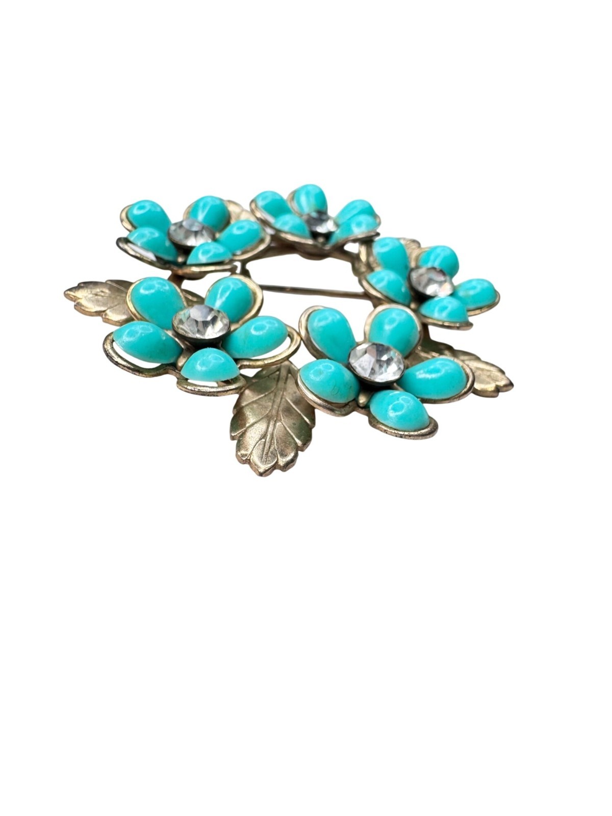 Unsigned Brooch Teal Acrylic Flower Wreath Crystal Gold Tone Floral 1960s Vintag