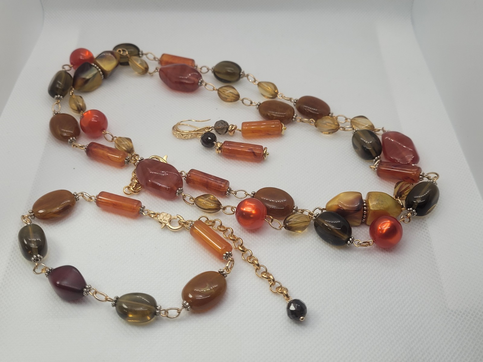 Vintage Amber Imitation Gold Honey Tone Necklace Chain Earrings Bracelet Set.