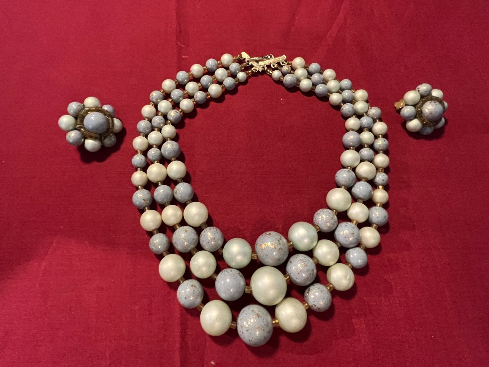 Vintage Japan 3-Strand Blue Shiny & Frosted Necklace With Clip On Earring Set