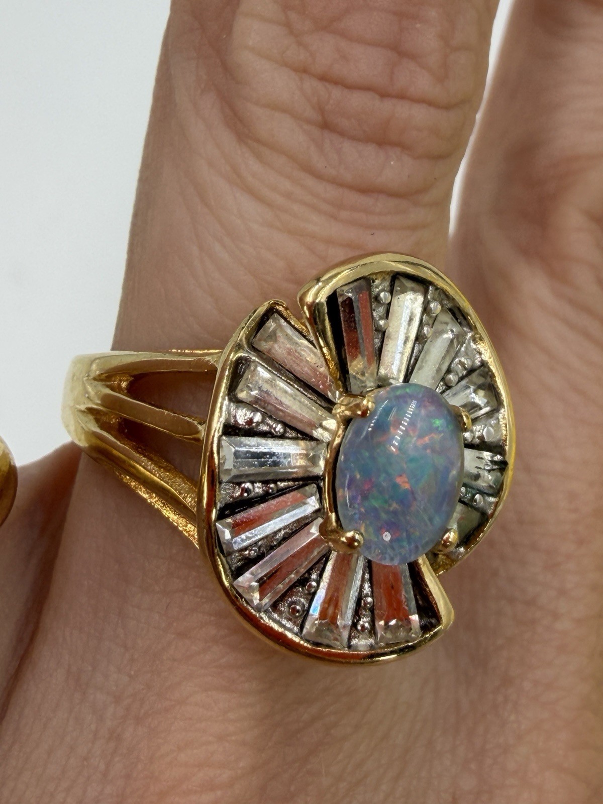 Vintage Ring Costume Cocktail Baguette Opal Statement Size 8 Plated