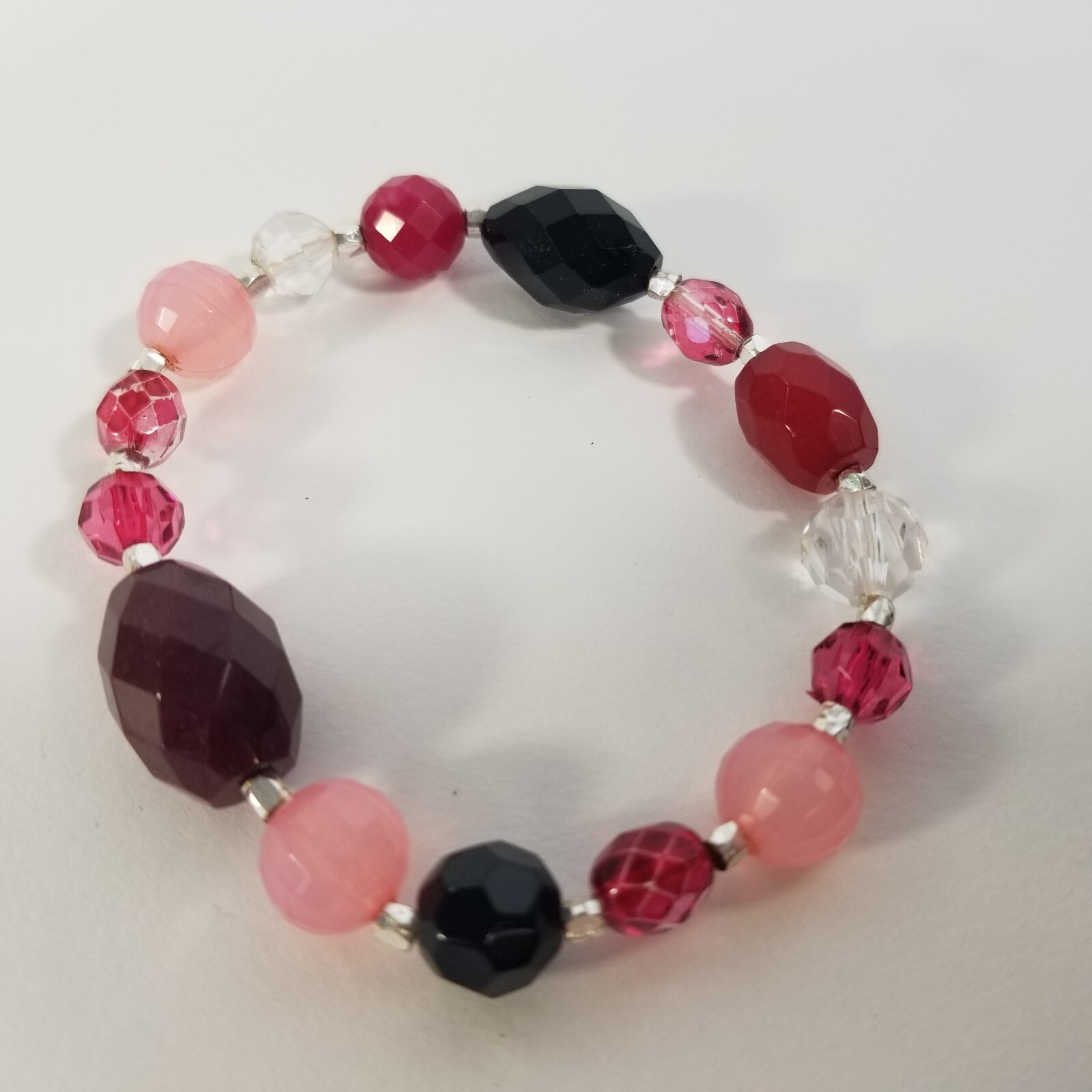 Pink Bead Stretch Bracelet Glass & Lucite SIlver Tone Spacers