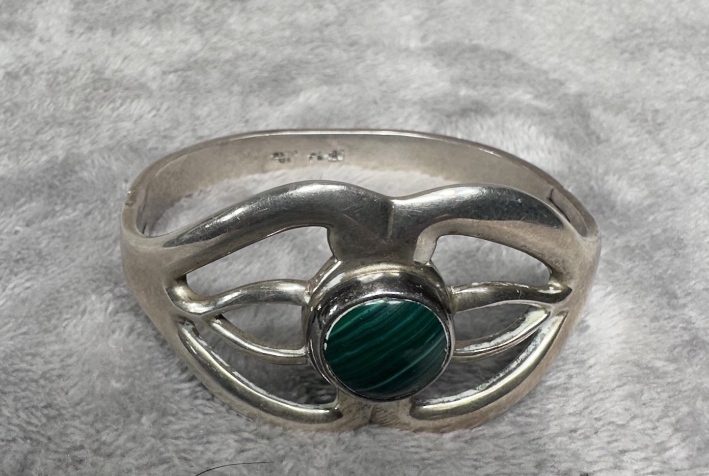 VTG Sterling Silver 925 Malachite Cabochon Hinged Bangle Bracelet Taxco MEX L108