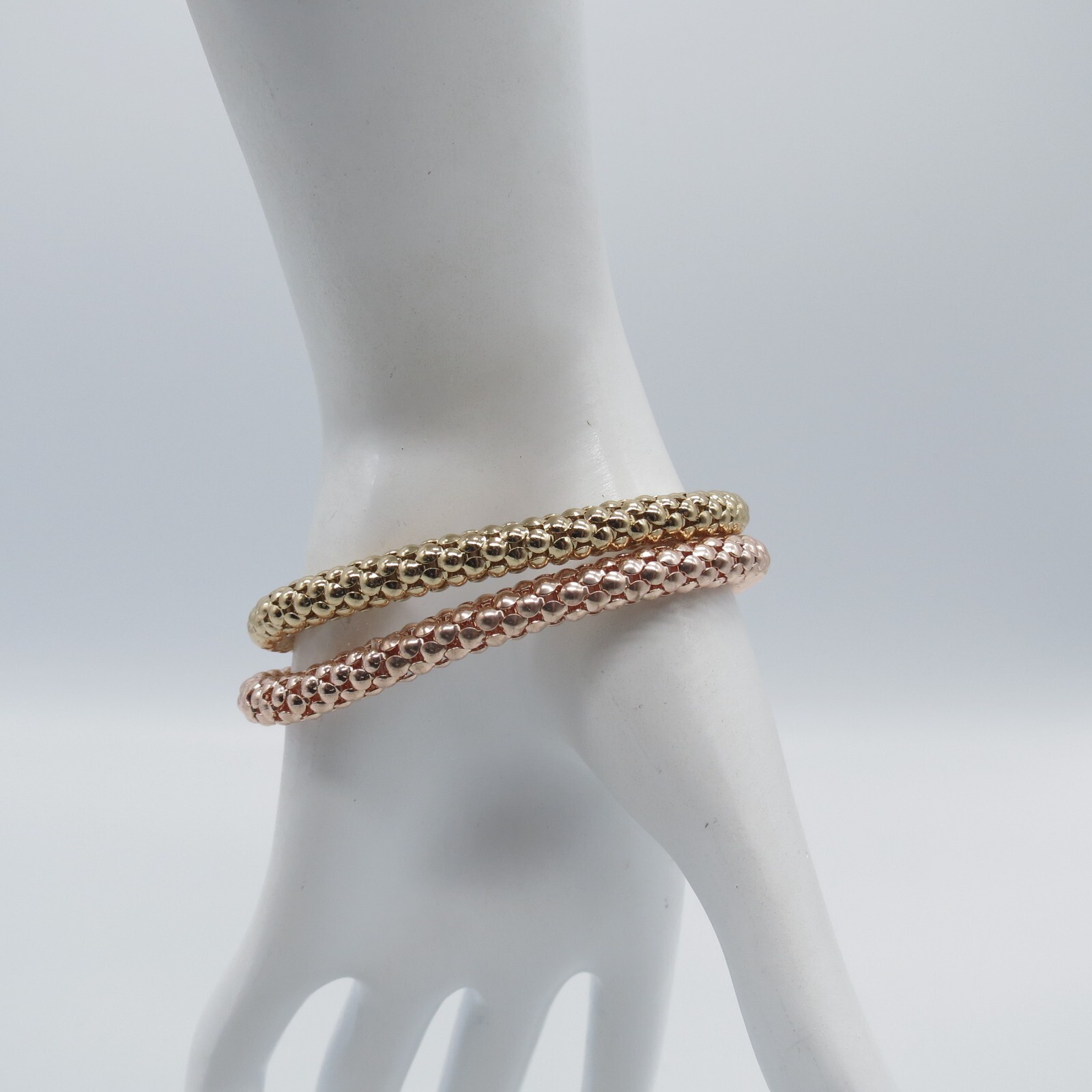 2Pc Puffy Heart Charm Stretch Bracelet Gold Rose Gold Tone Popcorn Chain
