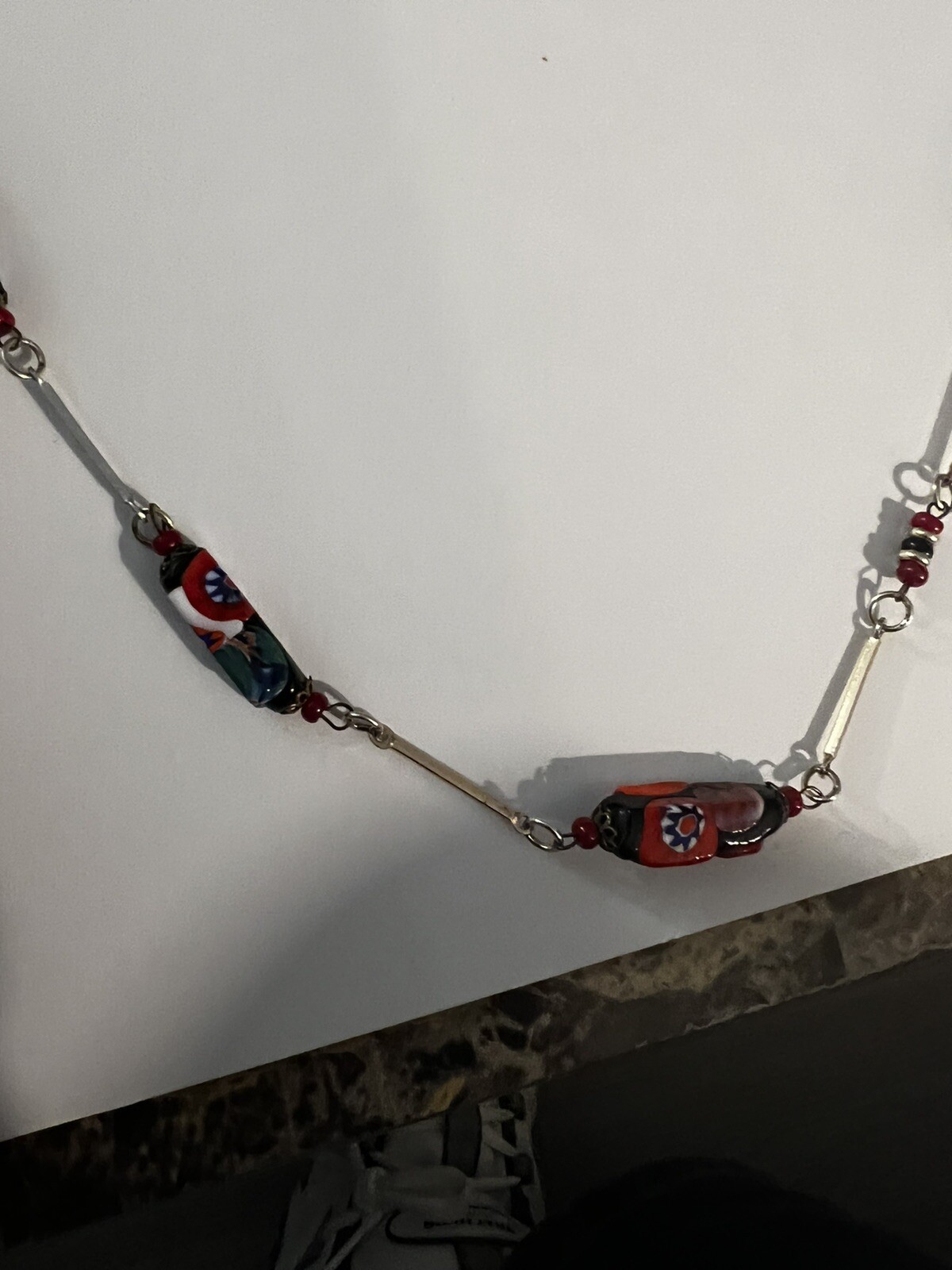 Vintage Rectangular Millefiori Bead & Gold Tone Bar Link Chain Station Necklace