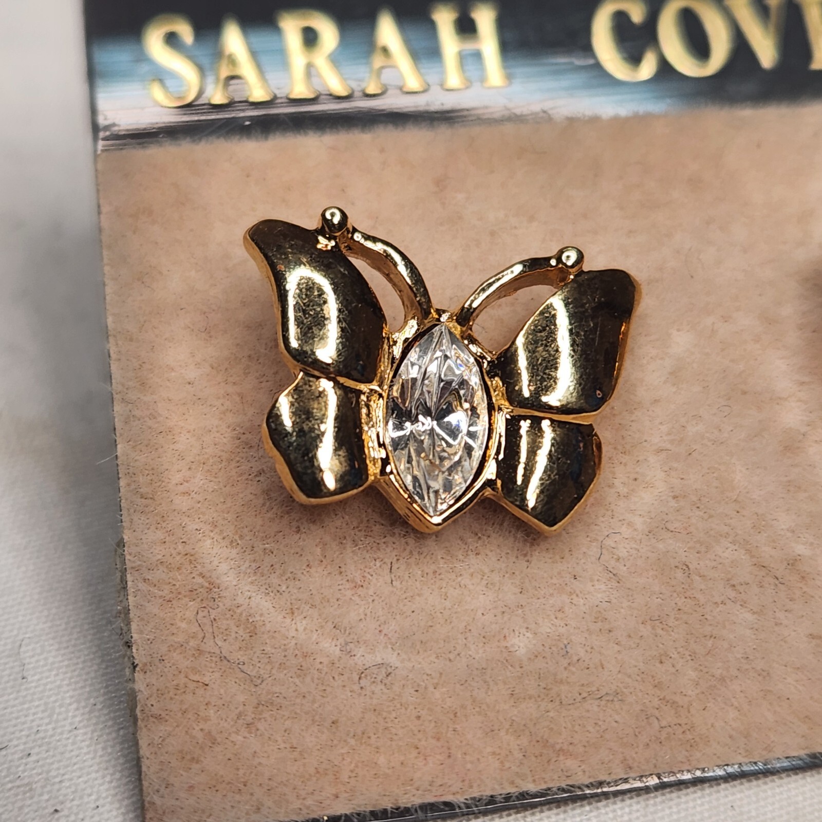 Sarah Coventry Goldtone Butterfly Earrings Clear Rhinestone Post Set 1/2 Inch