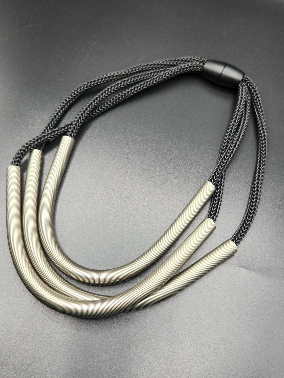 Modernist Multi Strand Black Mesh Woven Cord Necklace With Silver Tone Tubes