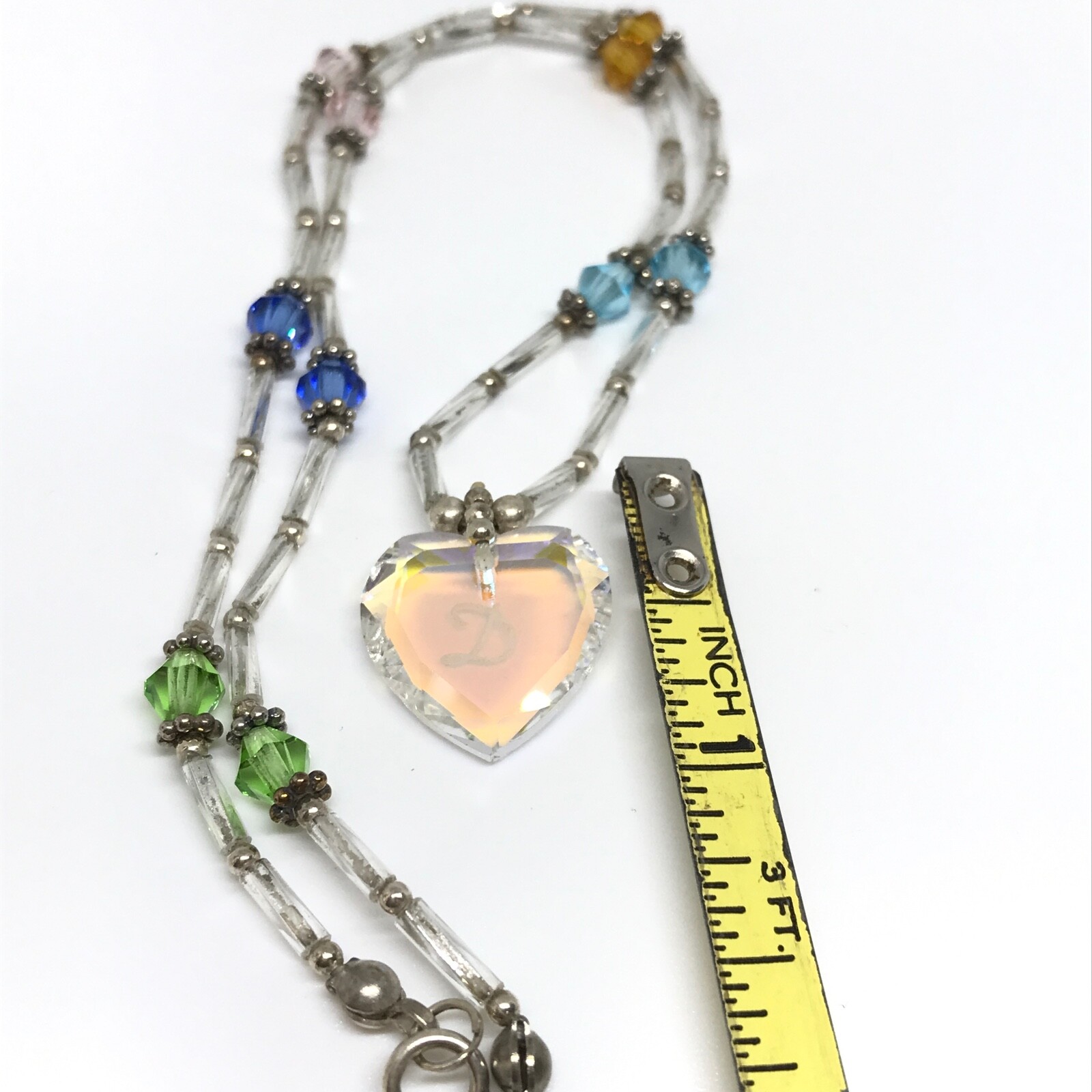 Vintage 925 Sterling Silver Multicolor Bead AB Crystal Letter D Heart Necklace