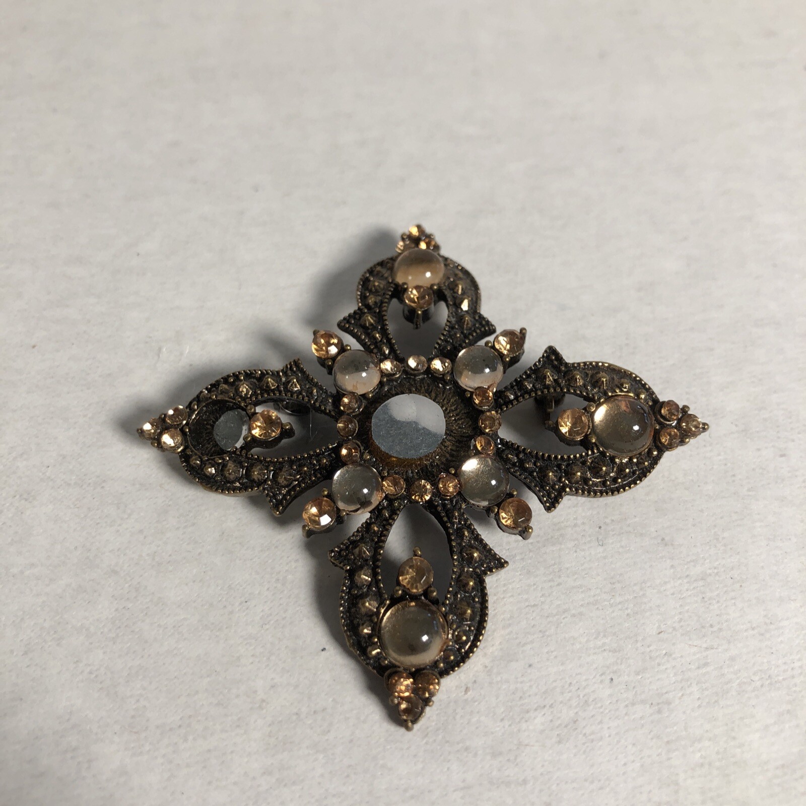 Vintage Antiqued Gold Tone Rhinestones Mirror Pin Brooch Maltese Cross 2 1/4 In
