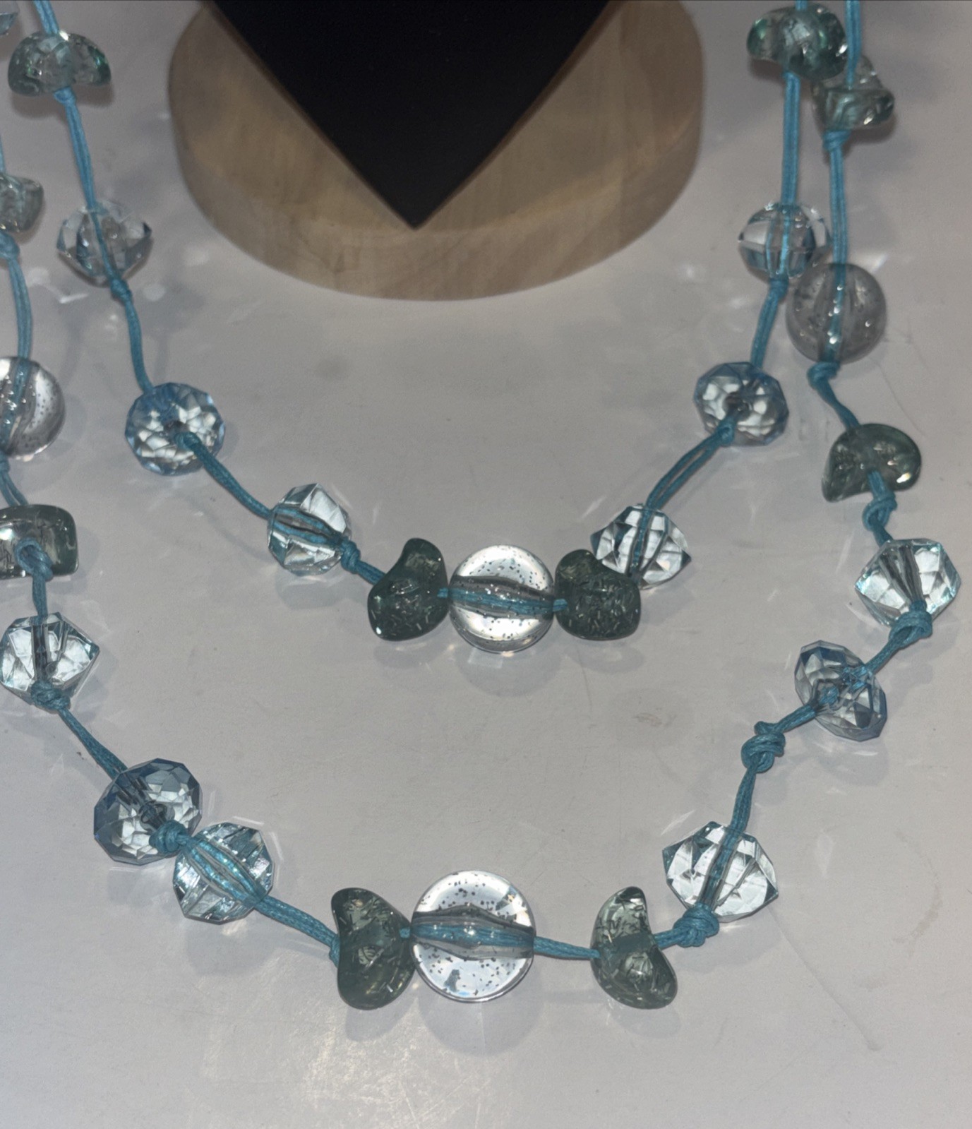Y2K Chunky Acrylic Moon Bead 34″ Necklace Blue Knotted Cord Boho 2000s
