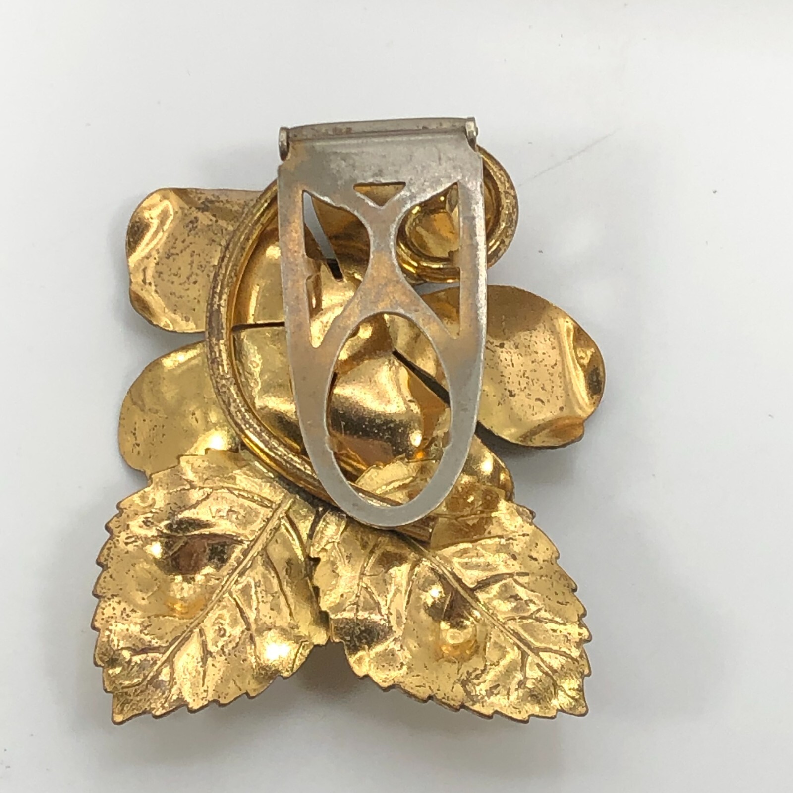 Vintage Flower & Leaves Dress Clip Brooch Gold Tone 1940s Estate Find