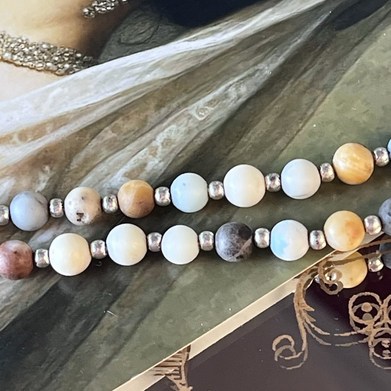 34” Multicolor Jadeite Tested Bead Necklace – Natural Stone -Silver Tone Spacers