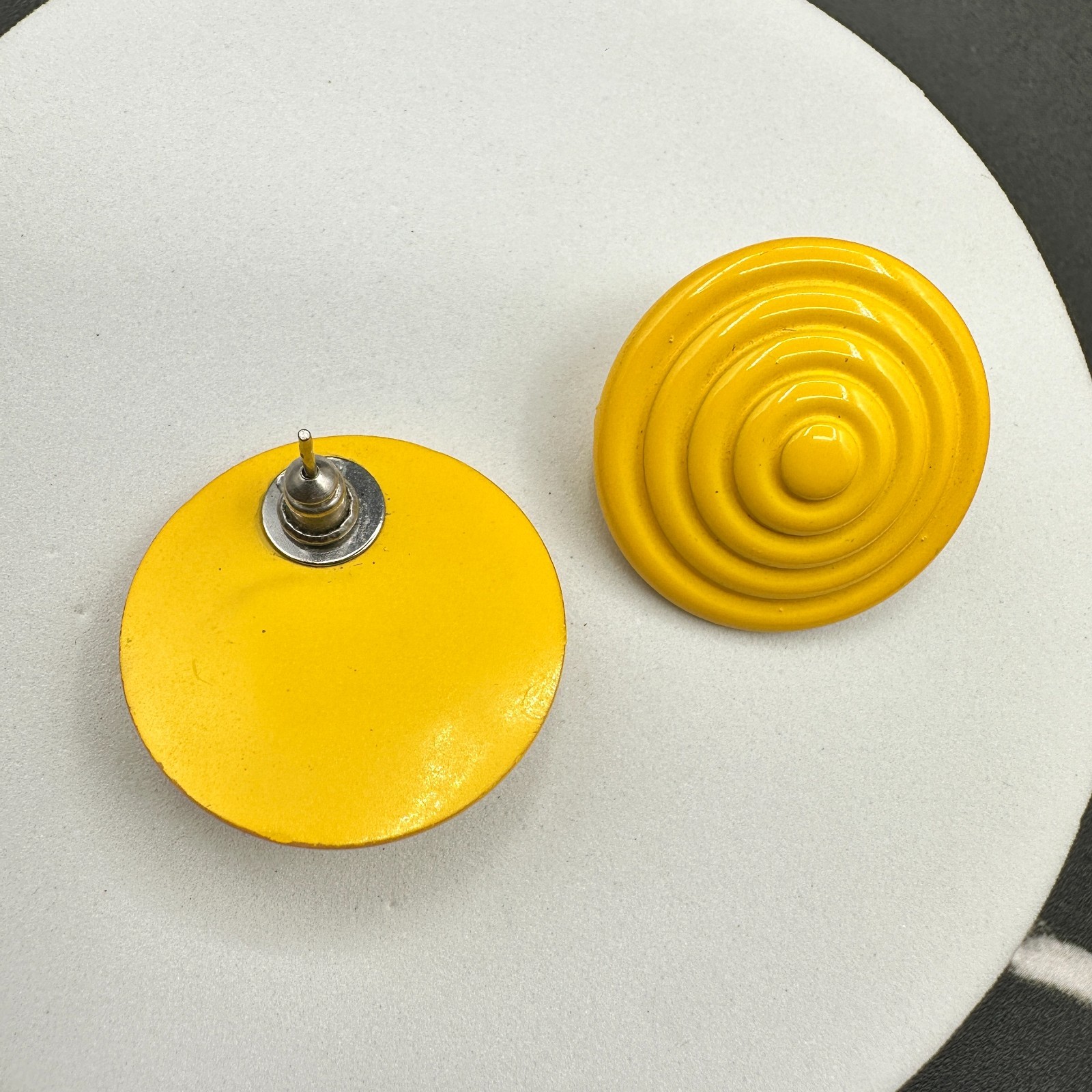 Vintage Yellow Aluminium Coated Concentric Swirl Spiral Post Dangle Earrings