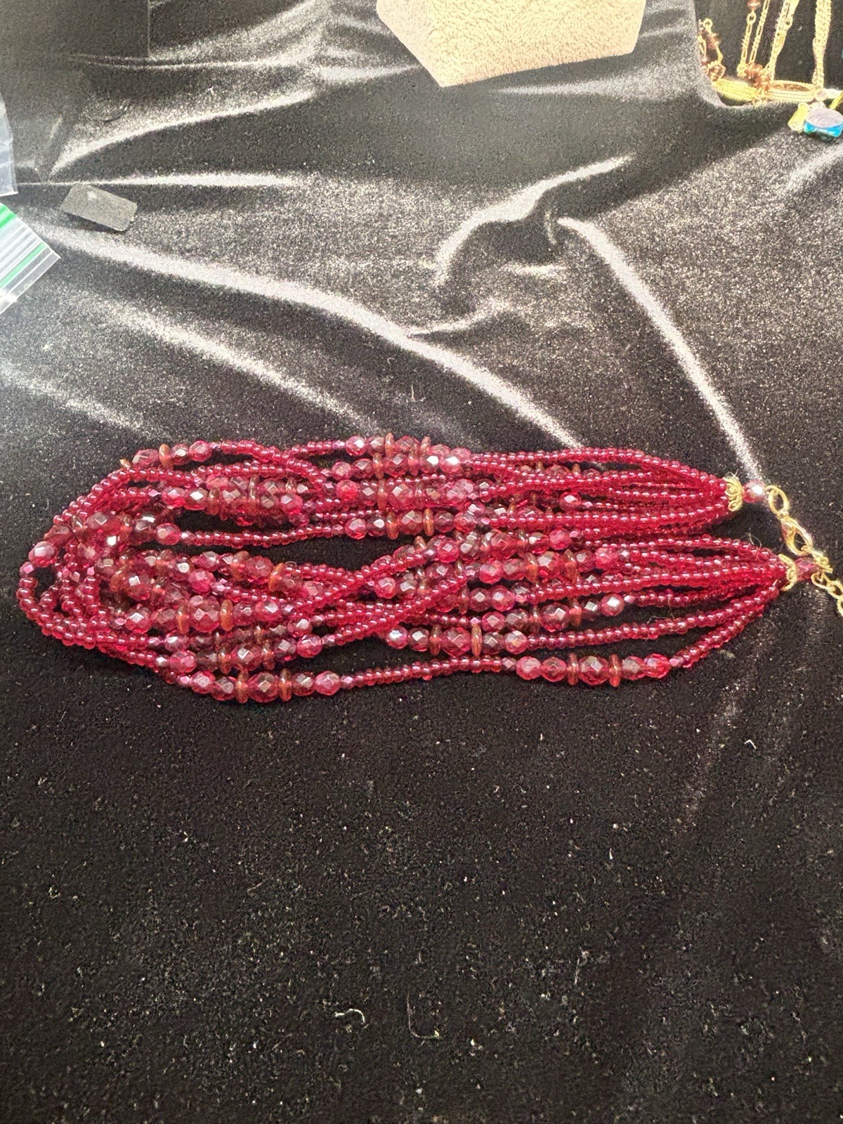Vintage Lovely Ruby Red Crystal Glass Beads 8 Strand Necklace Adj 16-18 “