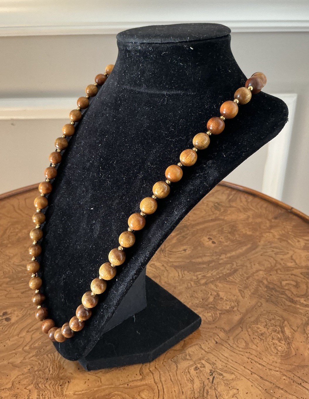 Vintage Wood And Gold Tone Beaded Necklace Fish Hook Clasp 23”