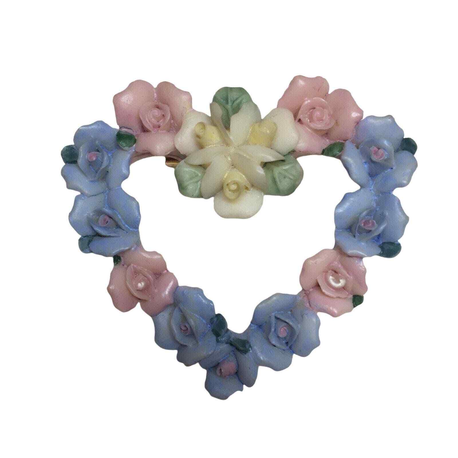 Avon HEARTS and ROSES Brooch Vintage Pin Pastel Yellow Pink Blue Floral Flowers