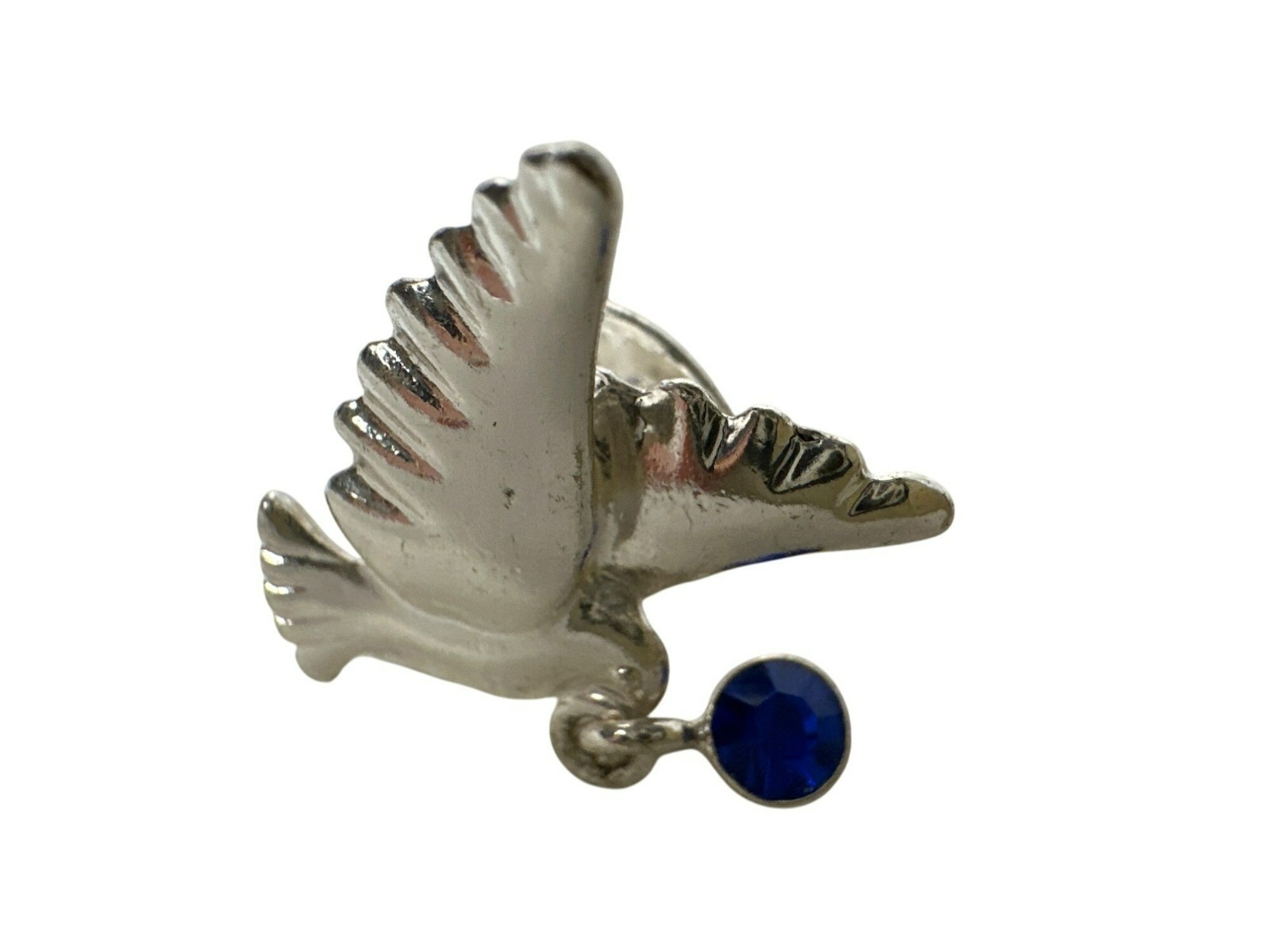 Silver Tone Bird Lapel Pin Blue Rhinestone Accent Dainty Christmas Gift Peace