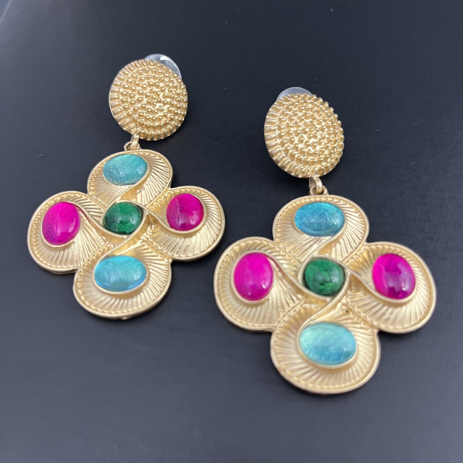 Maltese Cross Gripoix Earrings Glass Cabochon Matte Gold Tone Pierced Pink Blue