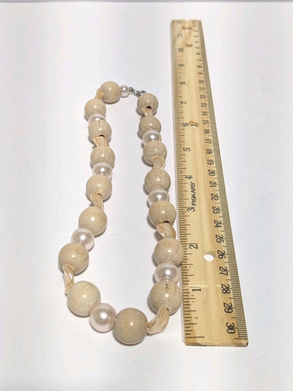 Vintage Wood Bead, Shell & Imitation Pearl Necklace. Light Colors 14″. BOHO