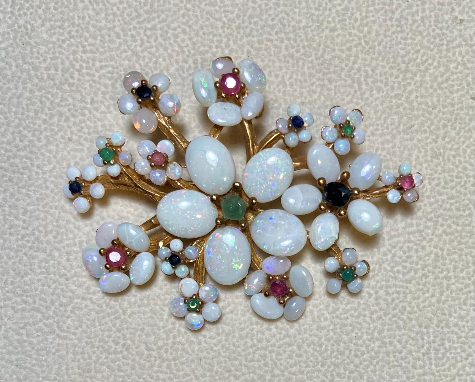 AUTHENTIC SWOBODA FLOWER BROOCH ~GENUINE OPAL, RUBY, EMERALD, SAPPHIRE ~ WOW!