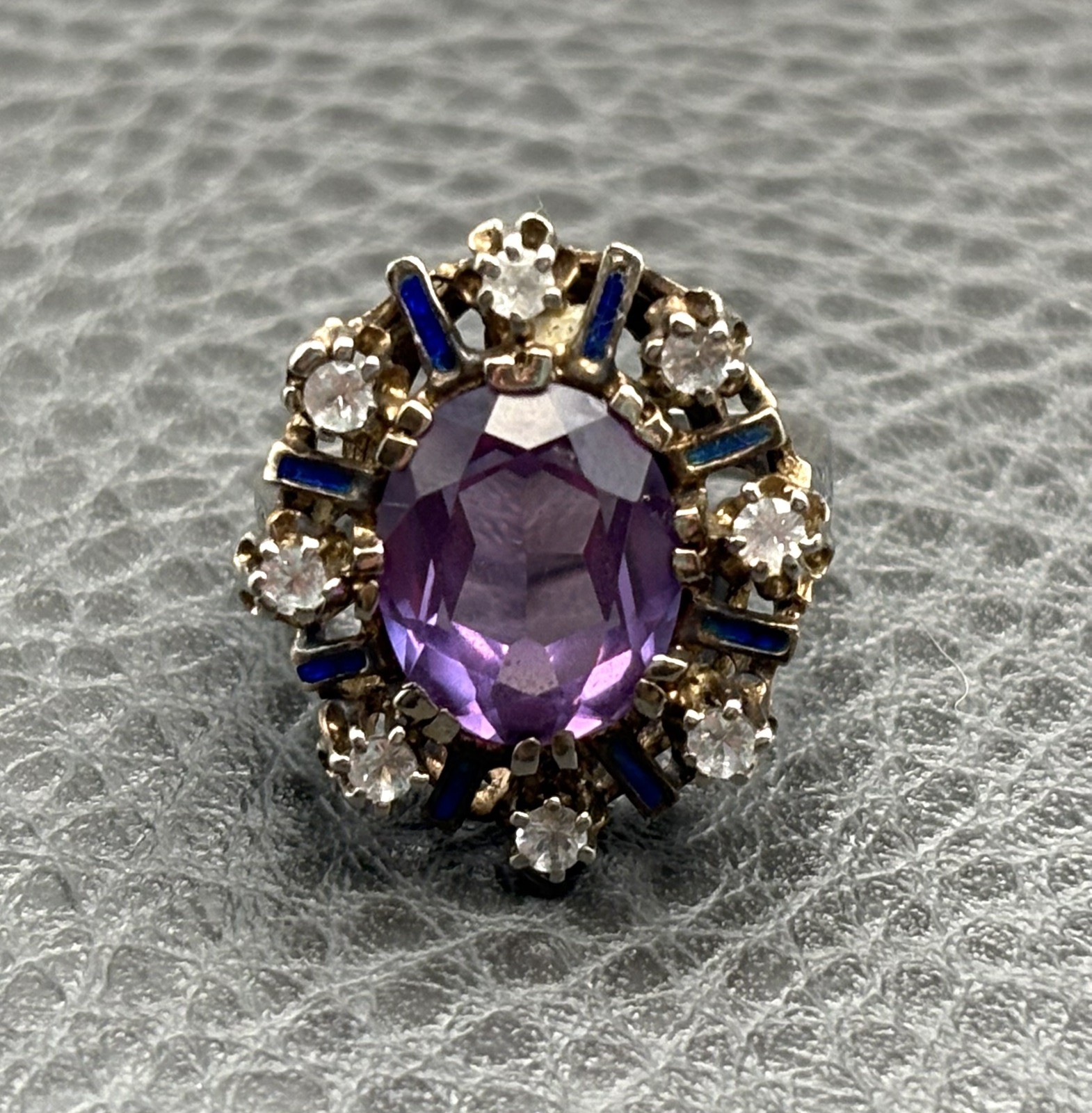 Vintage Huge Purple Sapphire Sterling Silver Blue Enamel Cocktail Ring Size 5.5