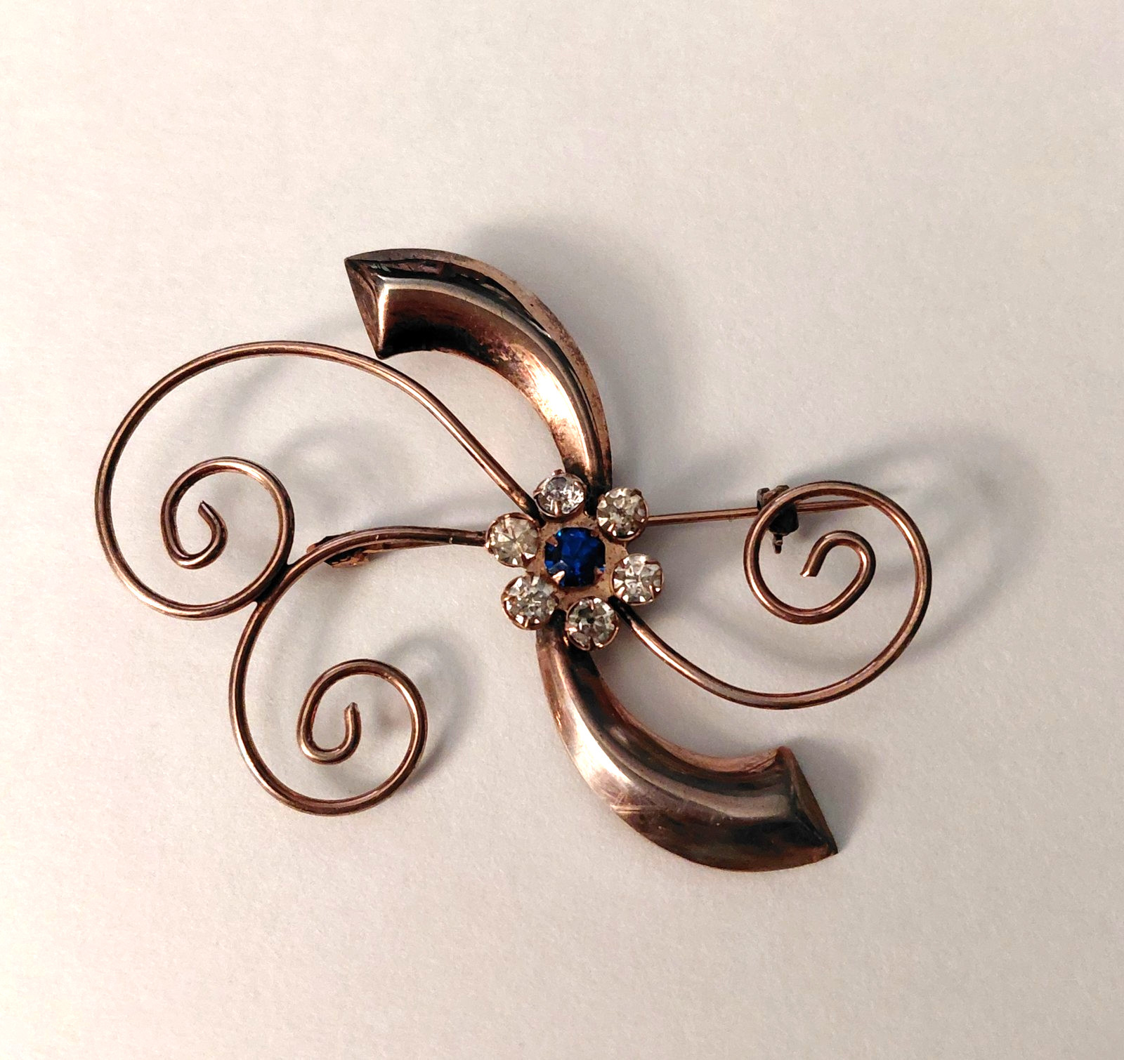 Vintage Sterling Gold Wash Pin Swirls Rhinestone Flower