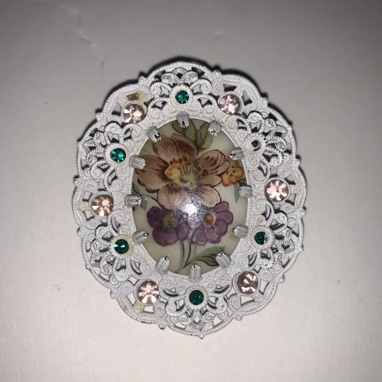 Vintage Hand Painted Brooch W Germany Purple & Green Rhinestones White Filigree