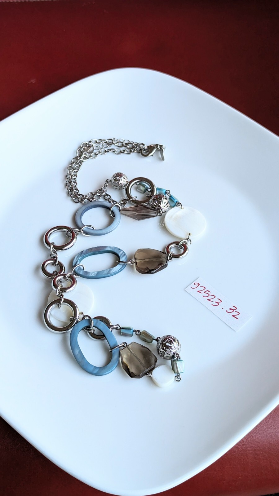 LIA SOPHIA Silver Tone Necklace 36″ + Blue Shell Circle Brown Smokey Glass Beads