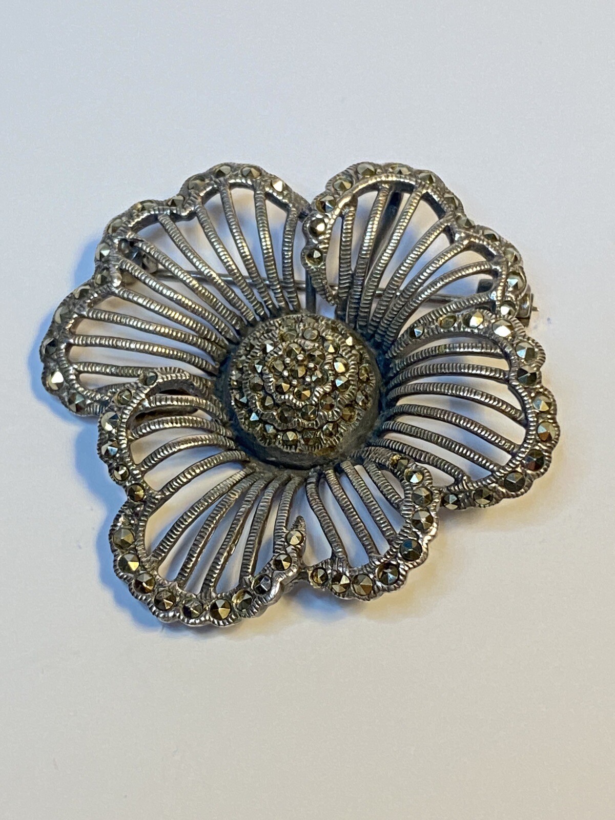 Vintage 925 Silver DBJ Pin Brooch Art Deco Marcasite 1.5″ Flower
