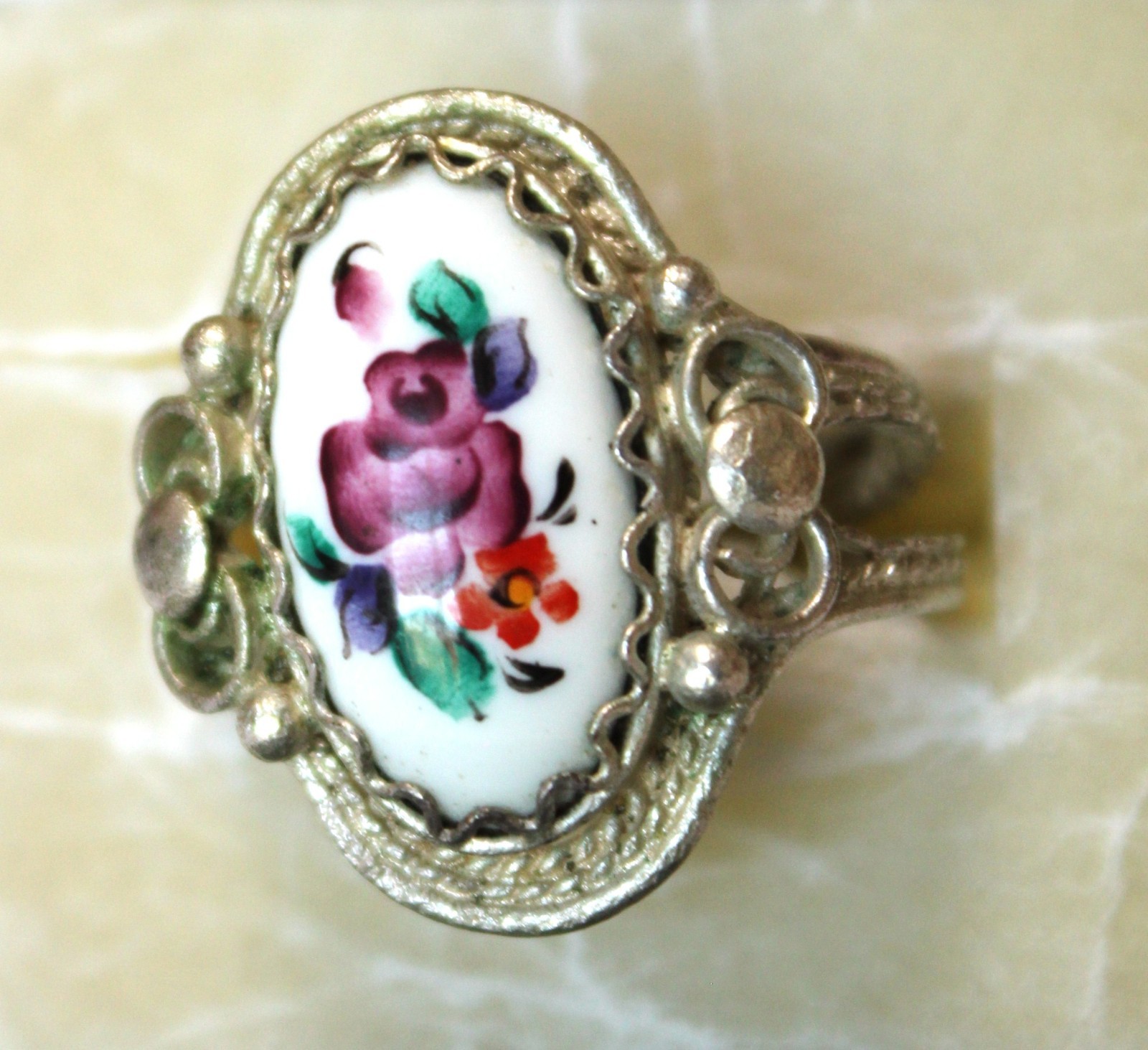 Vintage Unique Russian Enamel Finift Hand Painted Jewelry Cute Floral Ring #48