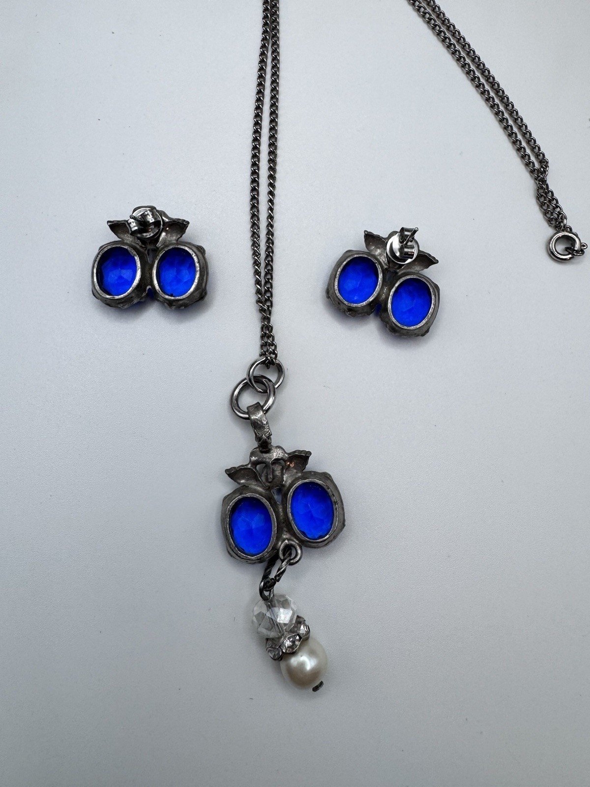 Vintage Circa 1920s Art Deco Necklace & Earrings Set Blue Glass Pearl Floral