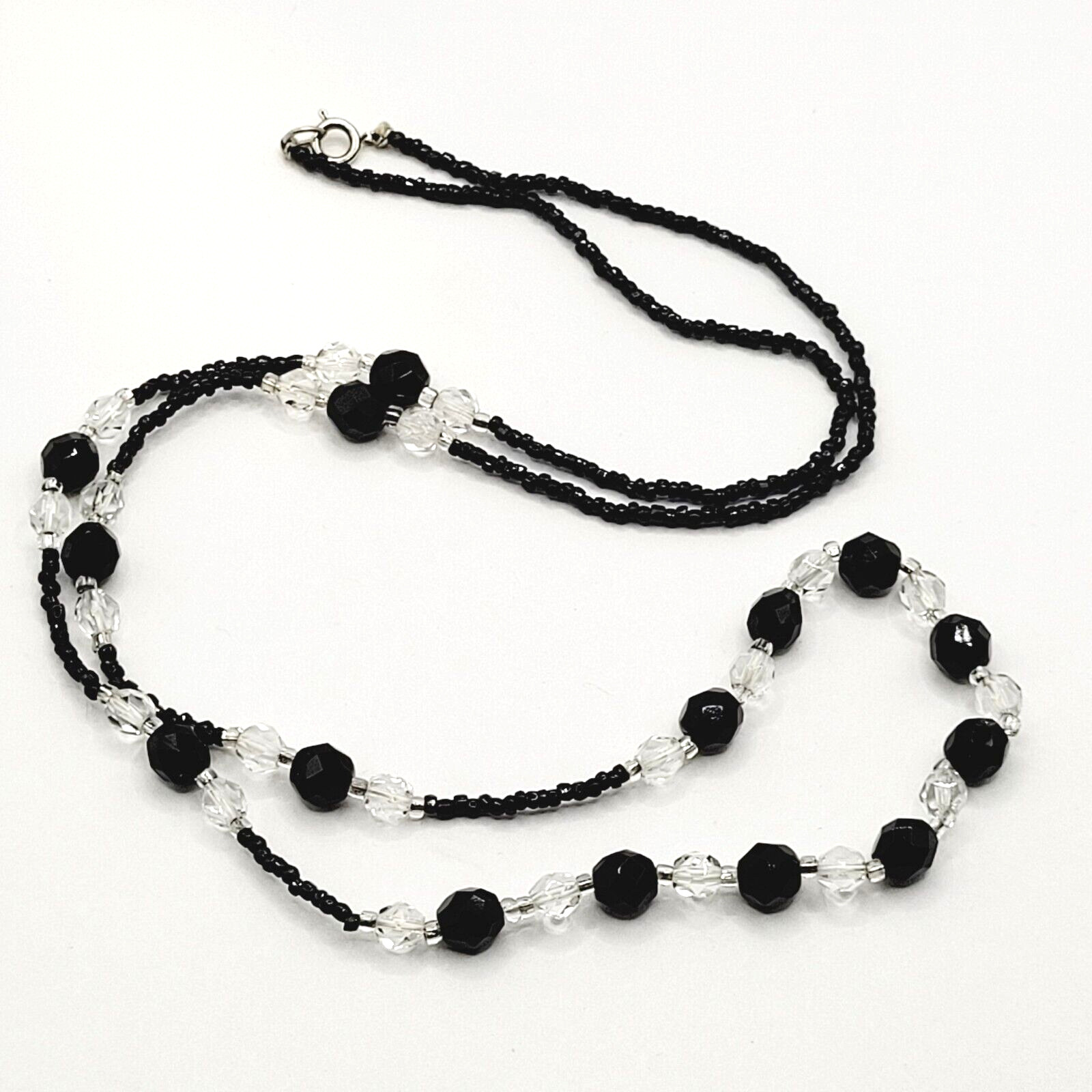 Modern Art Deco Black Clear Cut Crystal Bead Silver Tone Vintage Necklace 31 in