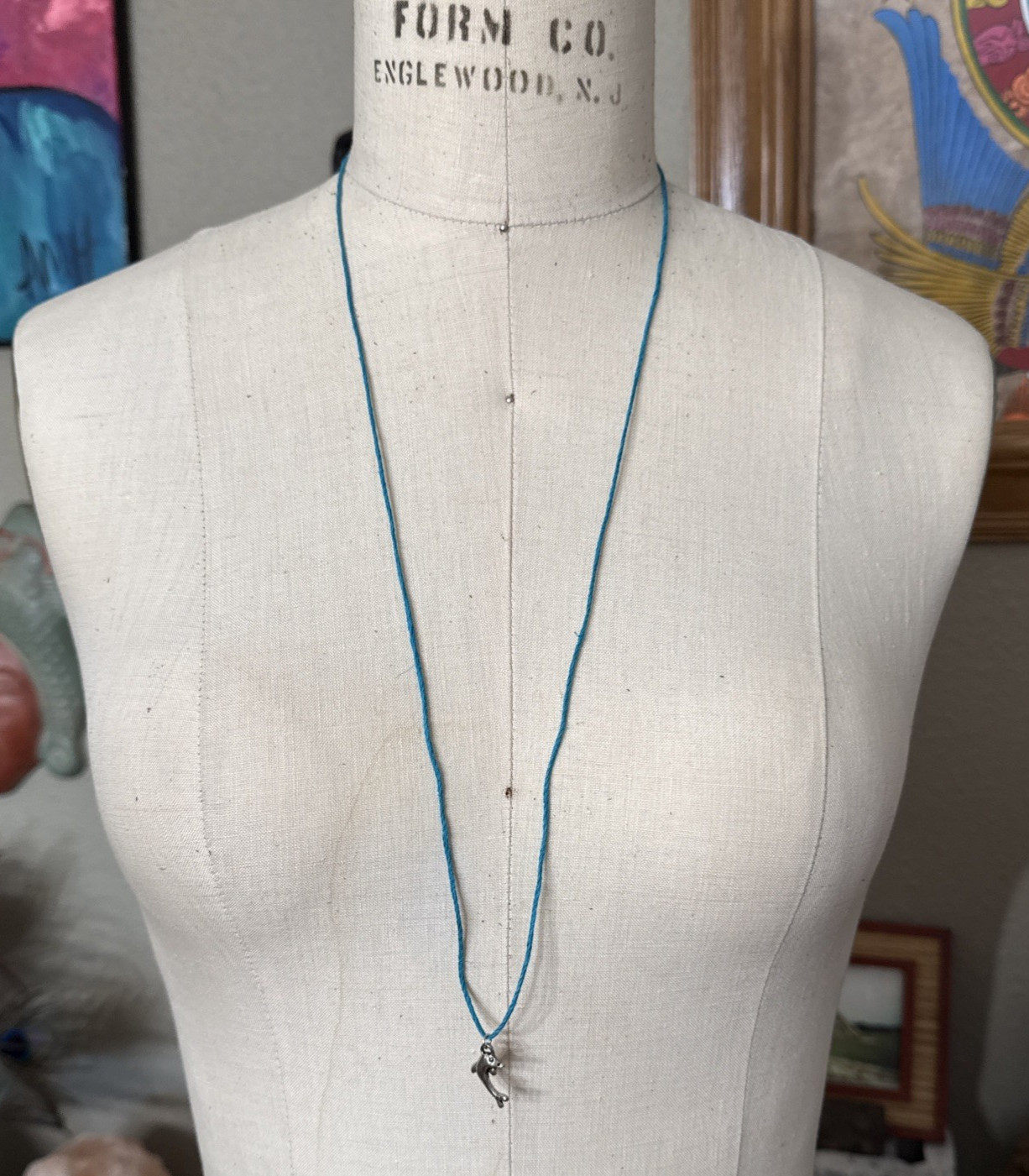 DOLPHIN CHARM Dainty Necklace Hemp Cord Boho Beach Ocean Tibetan Silver Tone