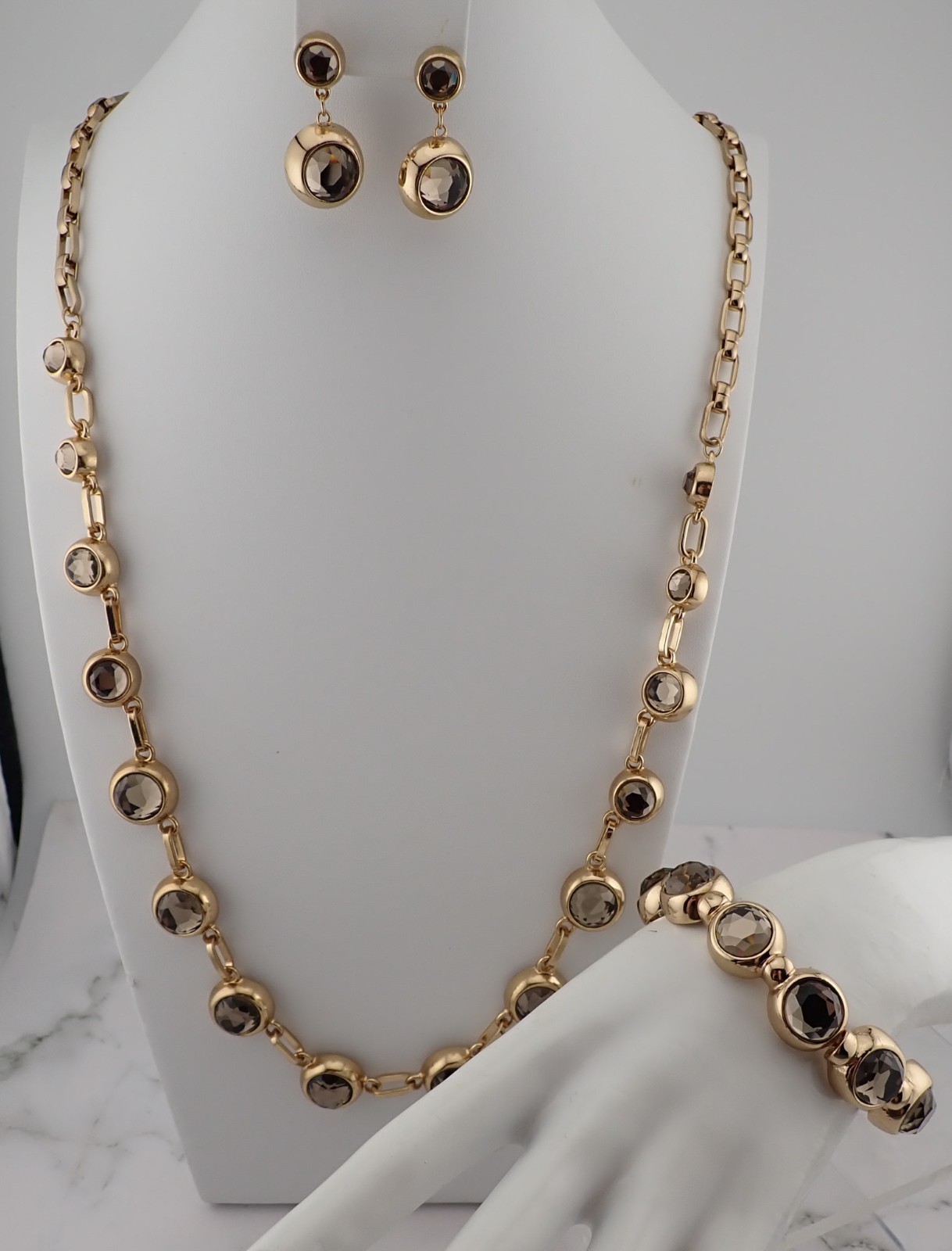 Vintage Coldwater Creek Brulee Smoky Gray Necklace Bracelet Pierced Earring Set