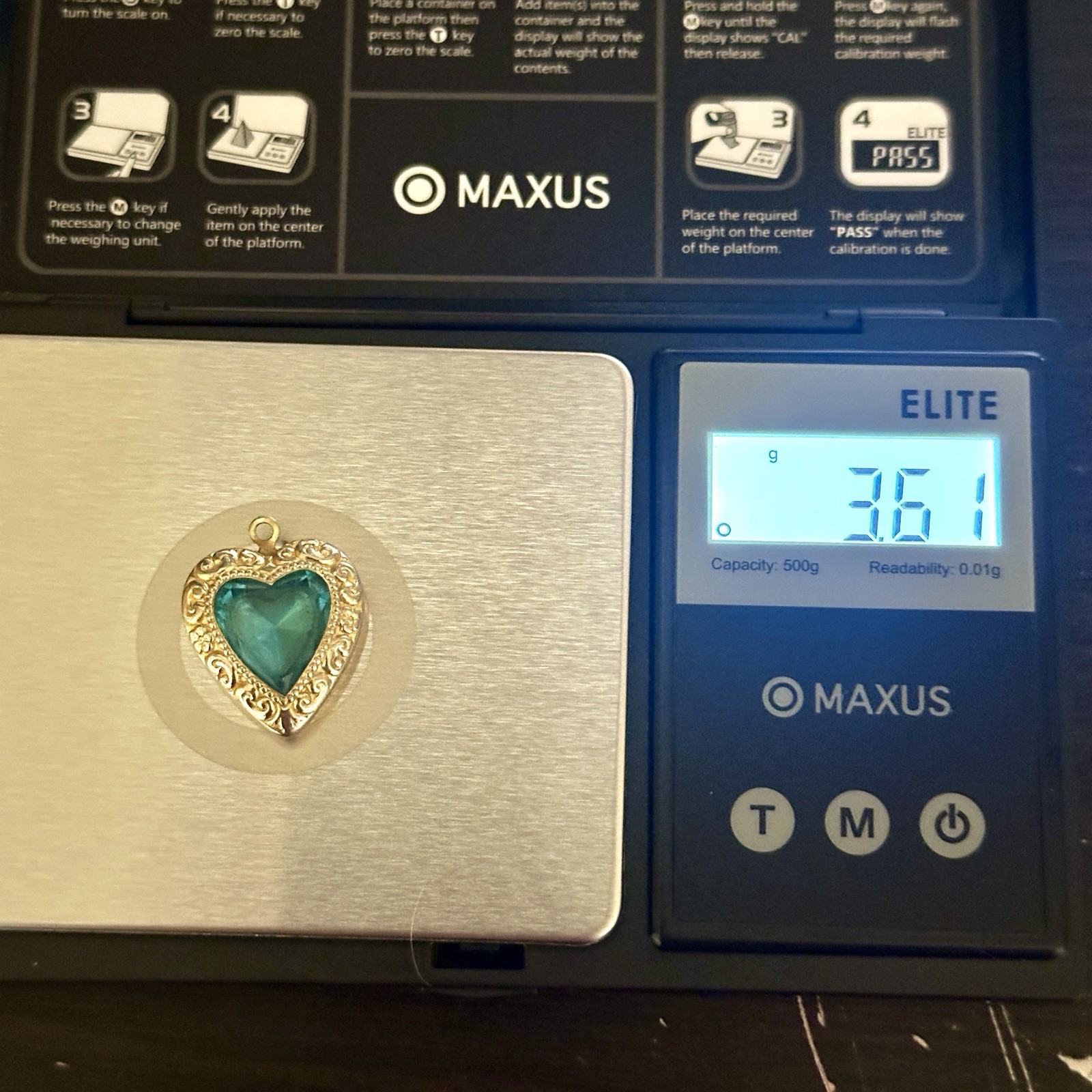VTG Gold Tone Heart Pendant Teal Blue Faceted Glass Victorian Revival Charm 1″