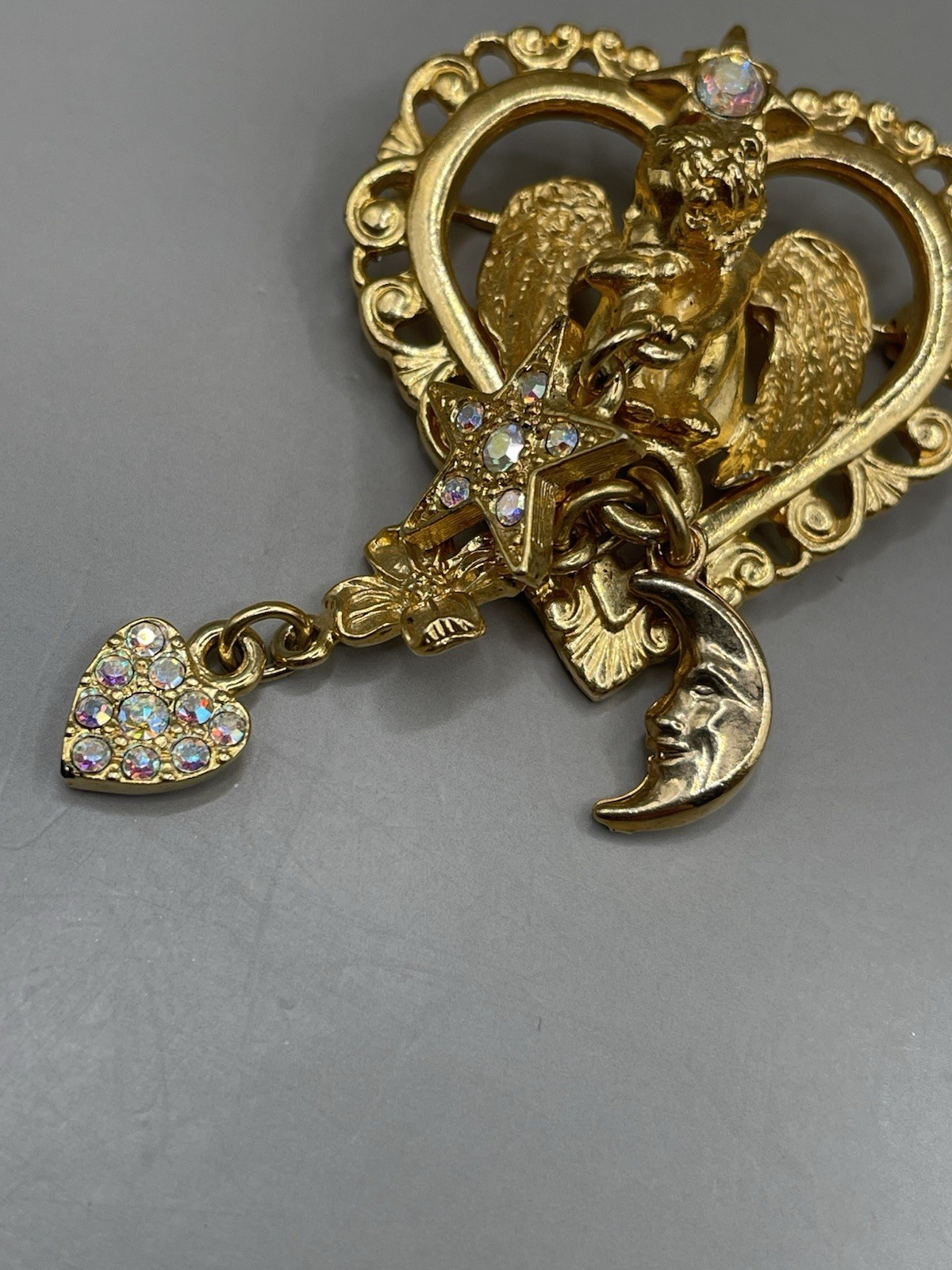 VTG Kirks Folly GoldTone Angel Cherub Heart Star Moon Charms Crystals Pin Brooch