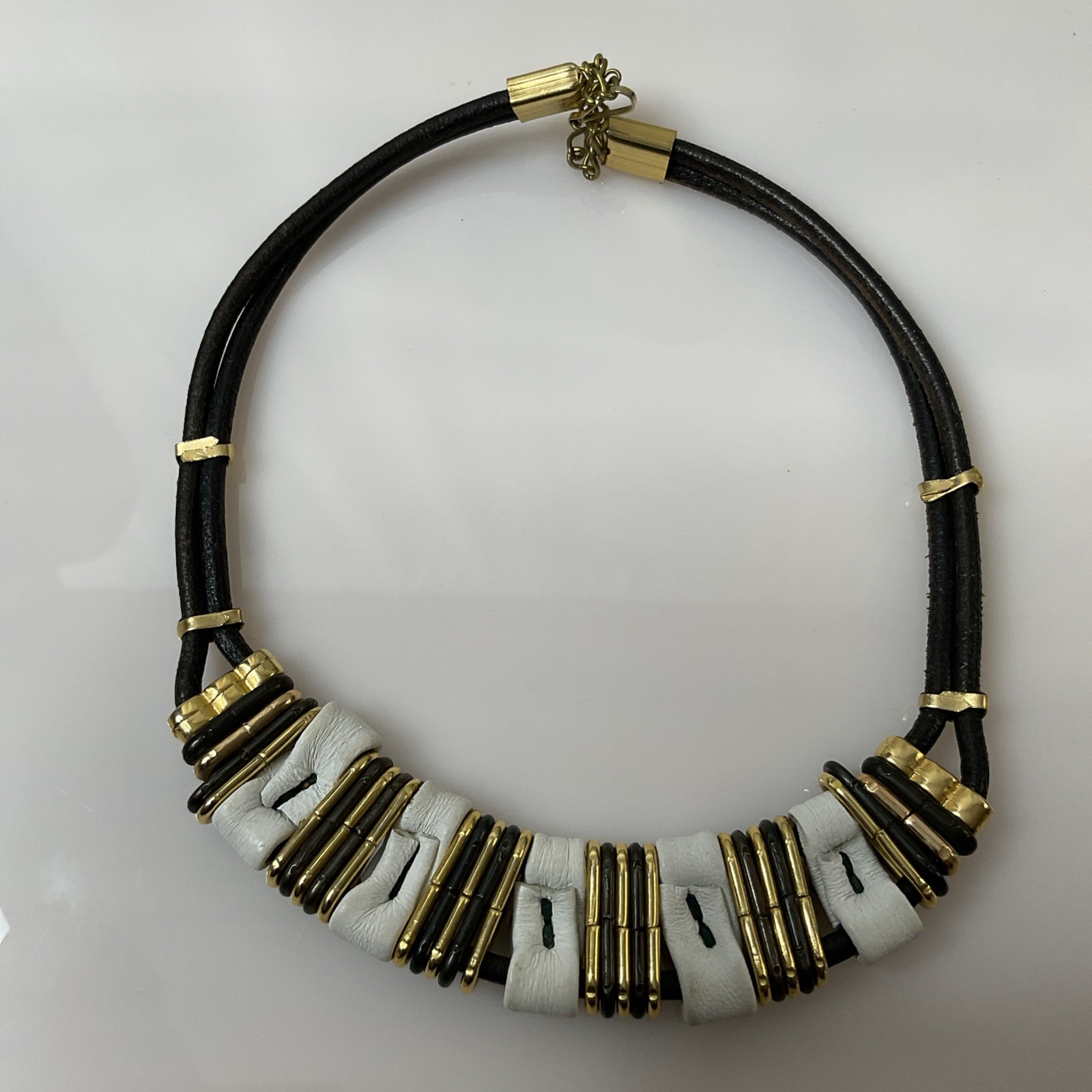Artisan Vintage Choker Black Leather Cord Mixed Metals Design Necklace