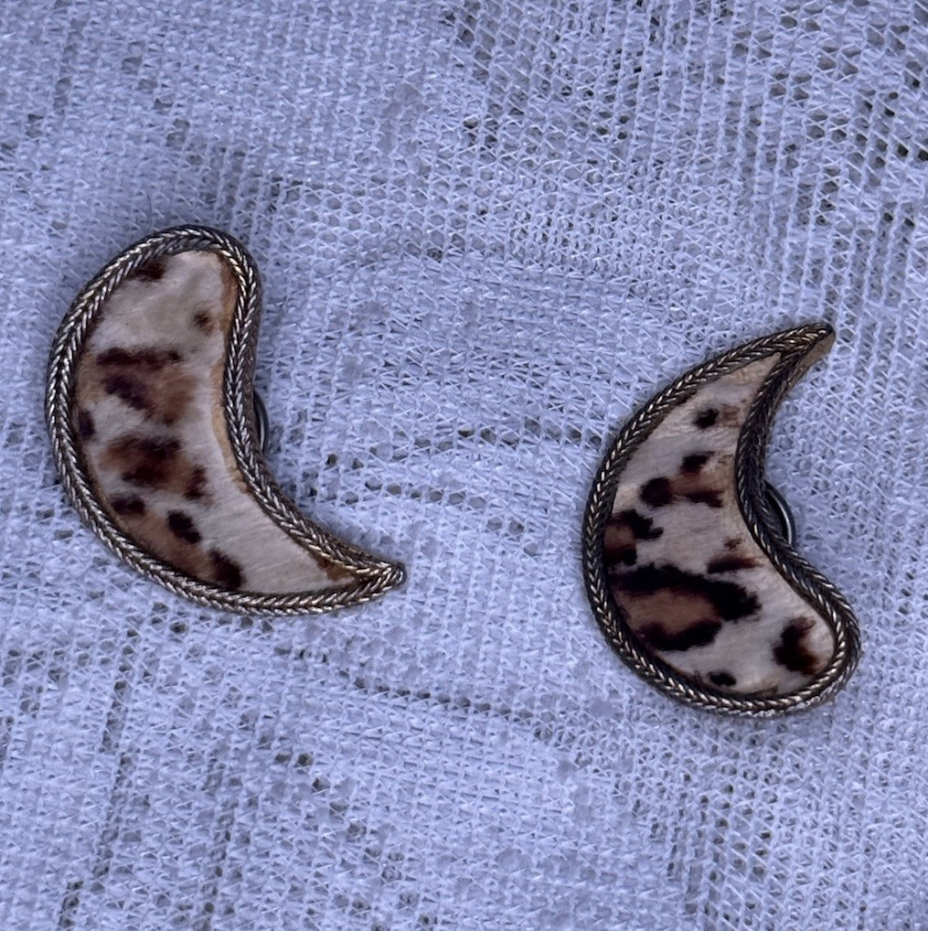Vintage BSK Leopard Print Faux Fur Earrings Gold Tone Clip On