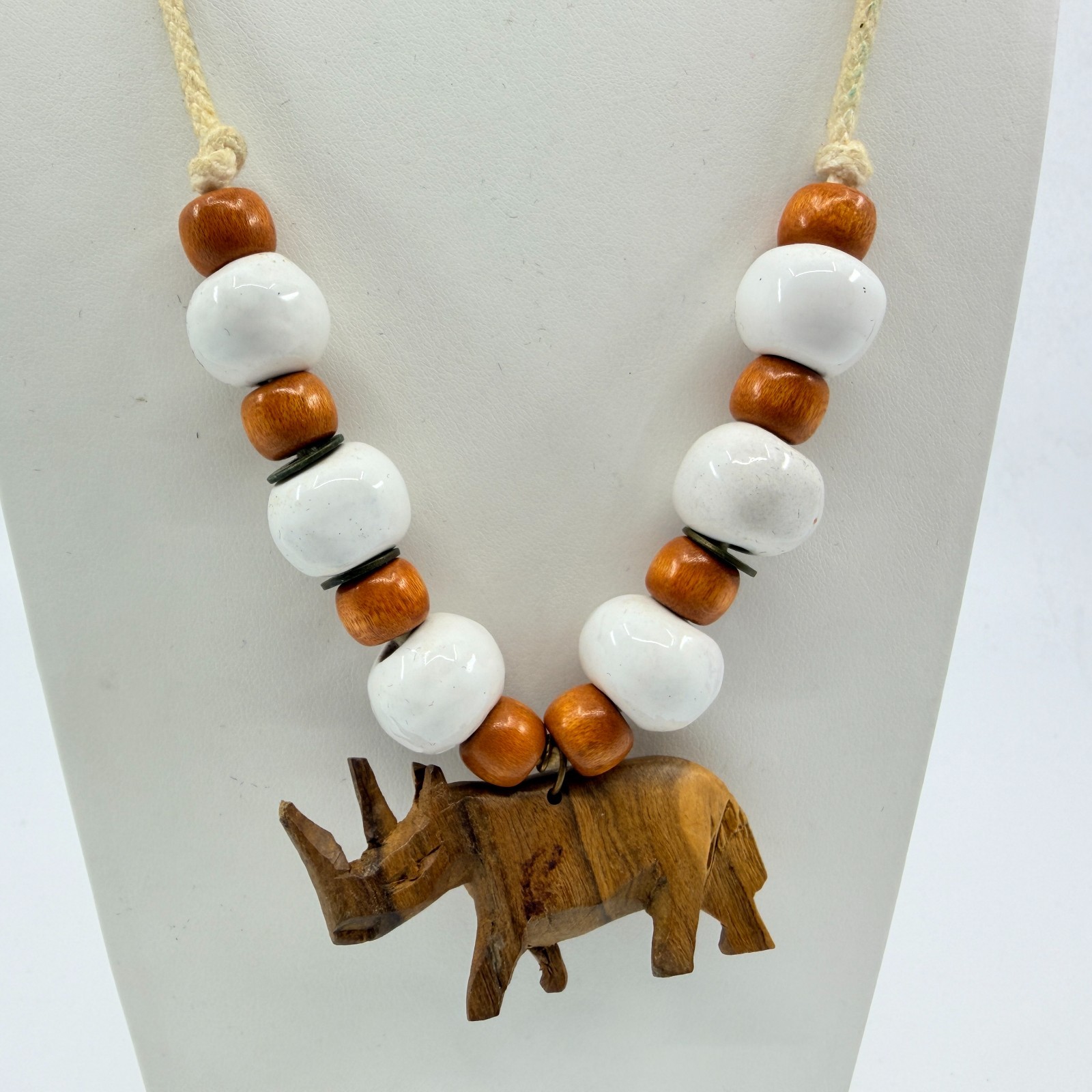 Vintage Carved Wood Rhinoceros Pendant Necklace Boho Ceramic Bead Cord 80s