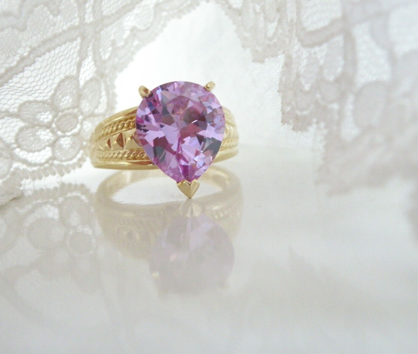 Vintage Sterling Silver 925 Gold on Pink Purple CZ Large Ring Size 10