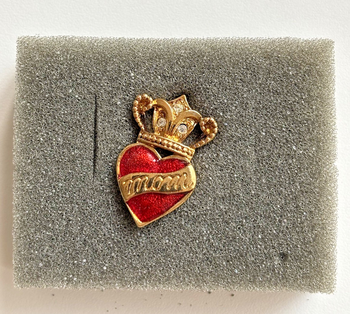 1994 Avon Gold Red Enamel Crown Heart Mothers Day Pin Brooch orig box Set of 2