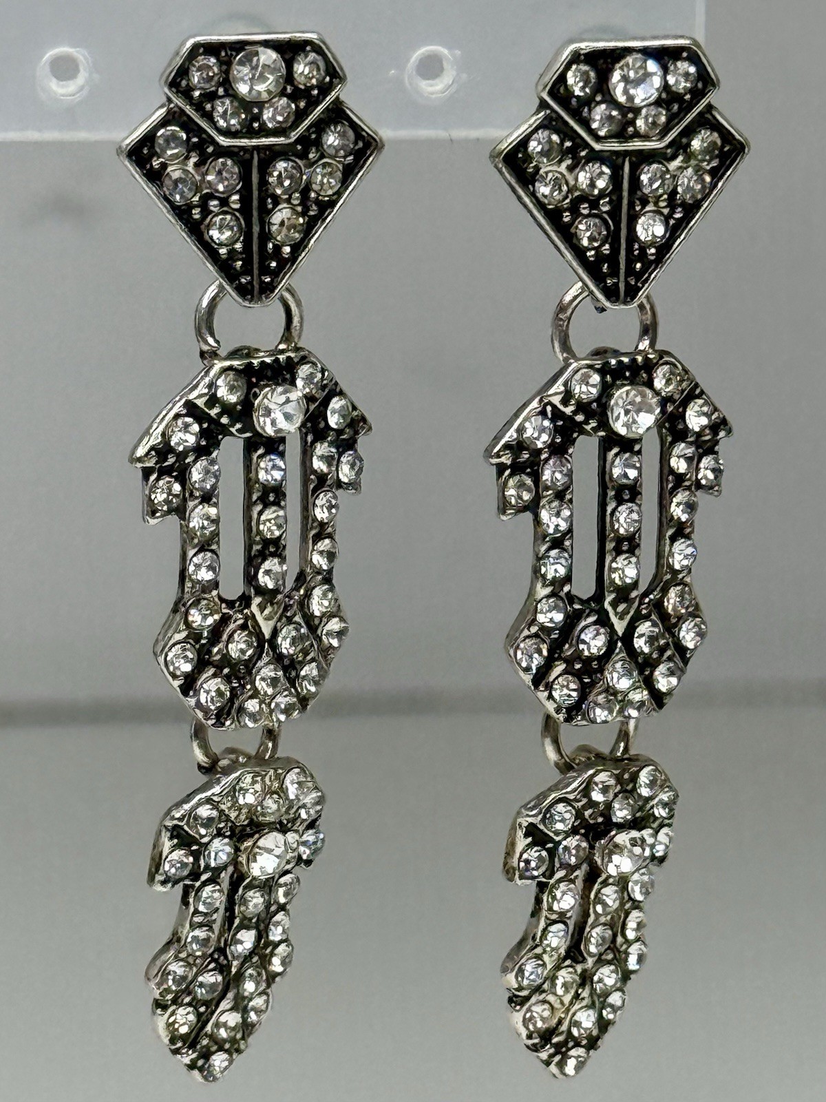 Vintage Art Deco Flapper Rhinestone Earrings Dangle Drop Pierced Gatsby Style