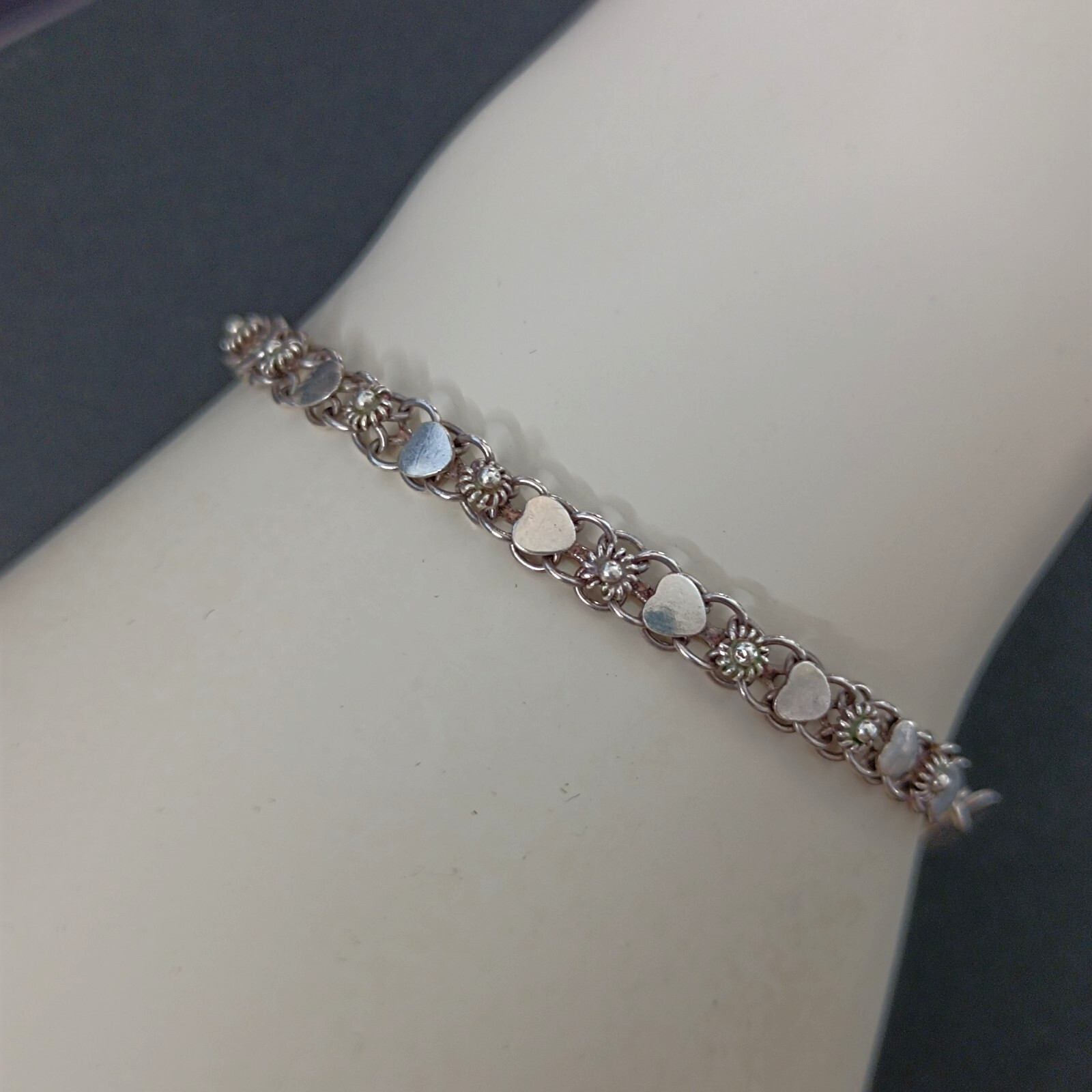 Vintage Silver Bracelet Ethnic Hearts Flowers Dainty Granulated Link Sterling