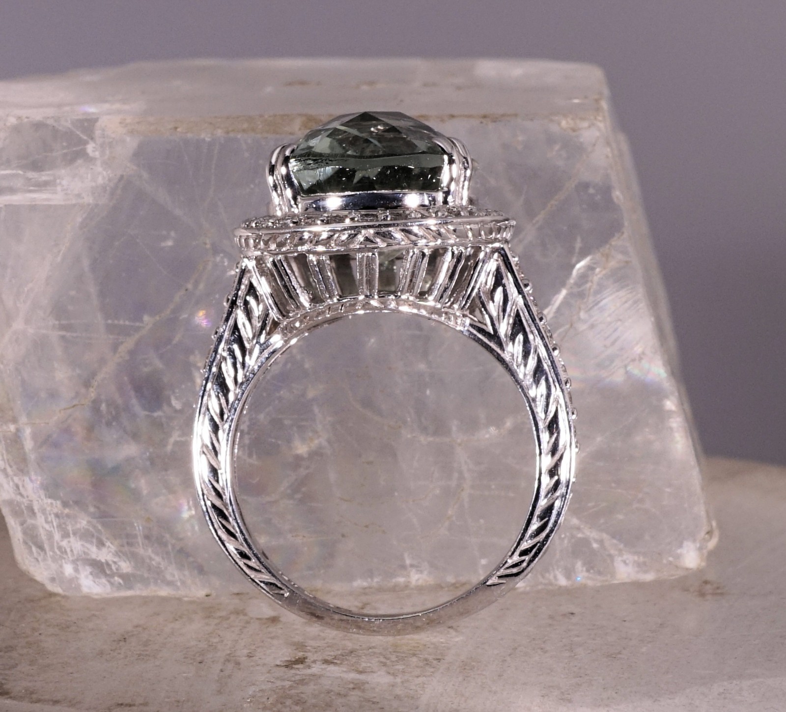 9.38ct Green Amethyst Praisiolite Cocktail Ring 14k White Gold with Diamonds